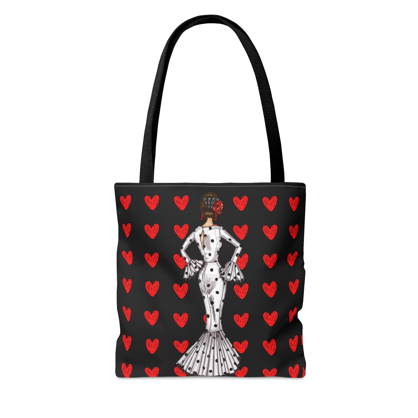 a black and red tote bag with a dalmatian dog on it