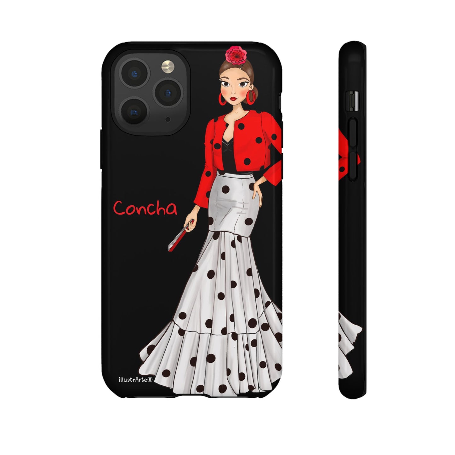 Diseño atractivo de la funda de teléfono personalizable con nombre/bandera/Virgen - Modelo Conchita fondo negro.