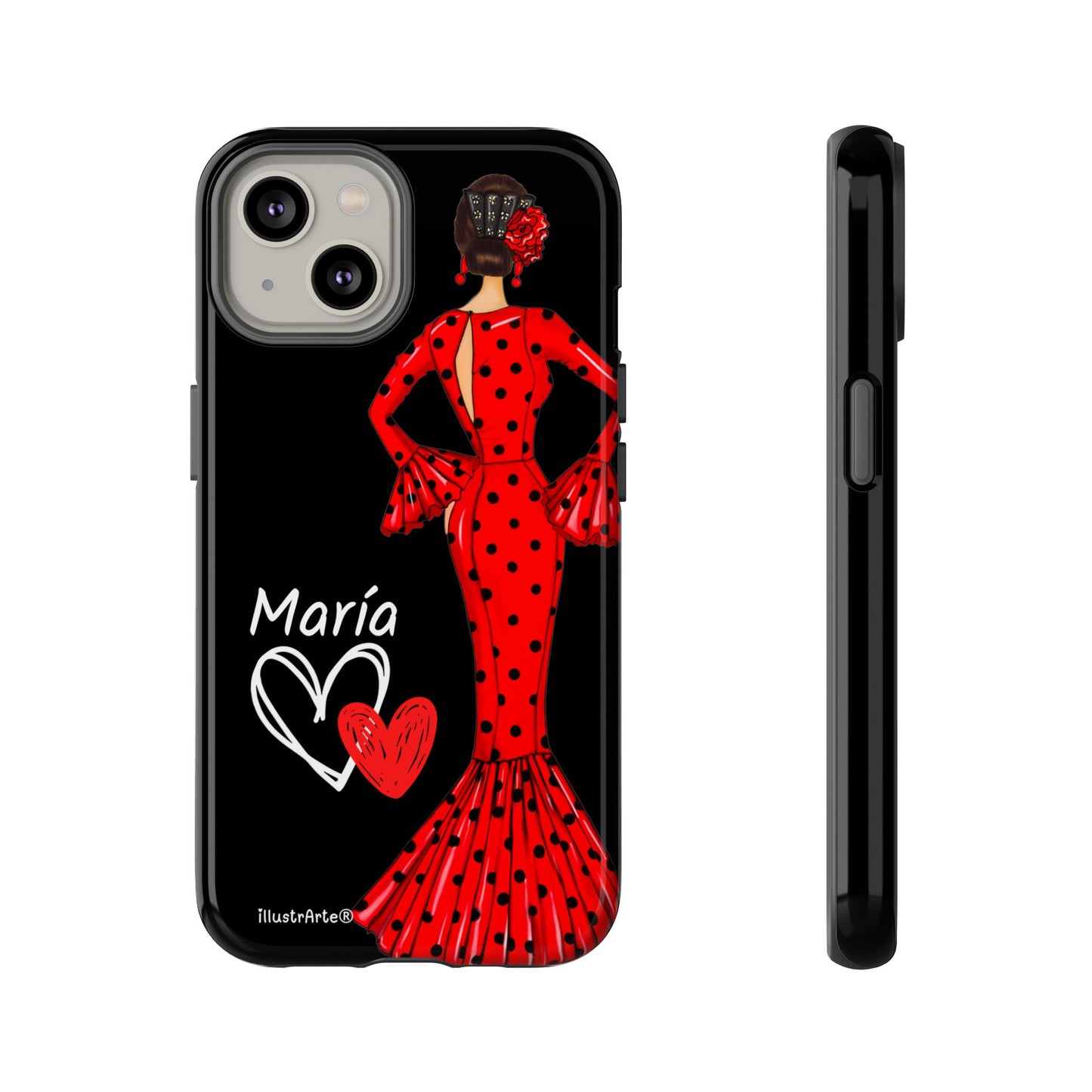 Capa de celular personalizável com nome/bandeira/Virgem - modelo Red Maria com cabelo escuro, fundo preto, para iPhone, Samsung e Google Pixel