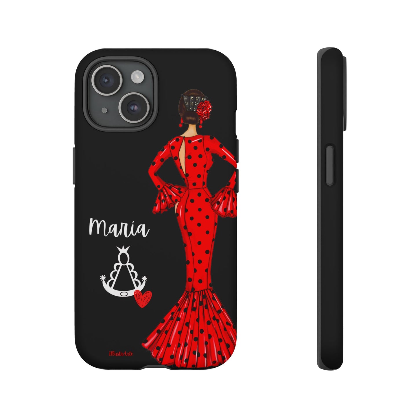 una funda de teléfono con una mujer en un vestido rojo