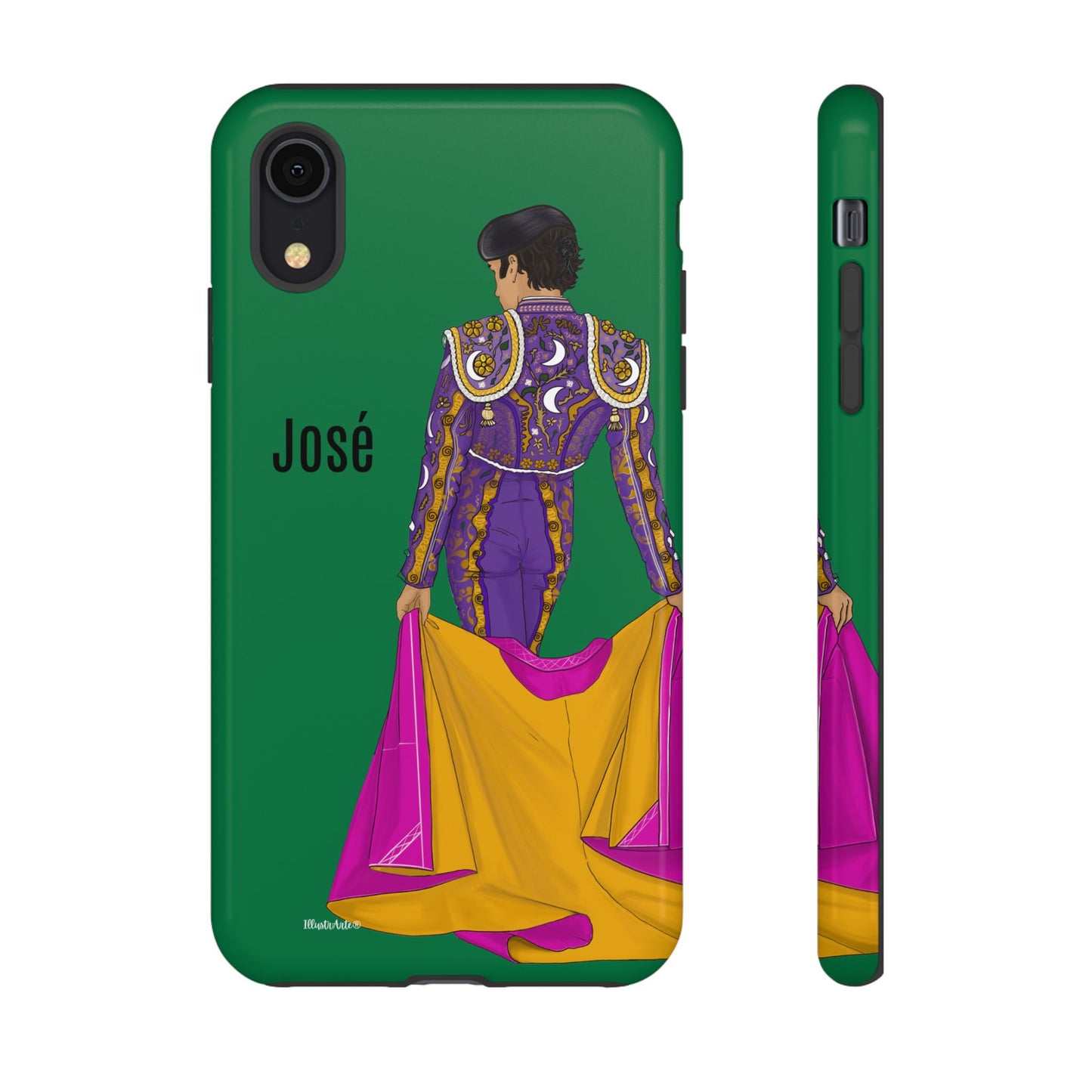 una funda de teléfono verde con una imagen de una mujer en un atuendo púrpura y amarillo