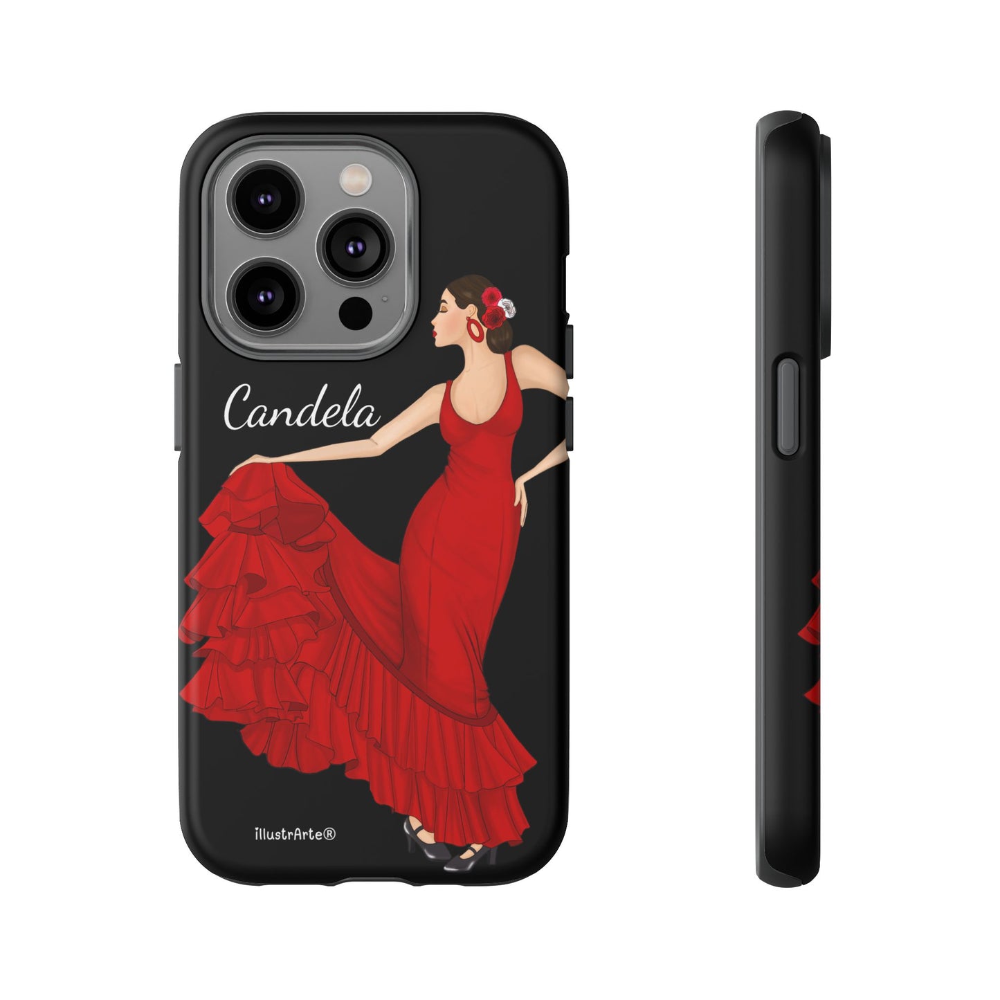 Capa de telefone personalizável. Modelo Candela com fundo preto. Para iPhone, Samsung Galaxy S e Google Pixel. 