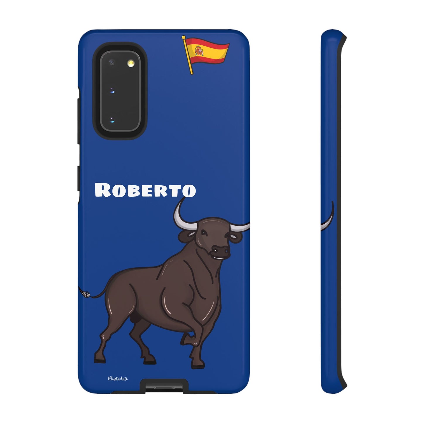 Funda de teléfono personalizable con nombre/bandera/Virgen - Modelo Toro Roberto, lista para ser personalizada al gusto del usuario.