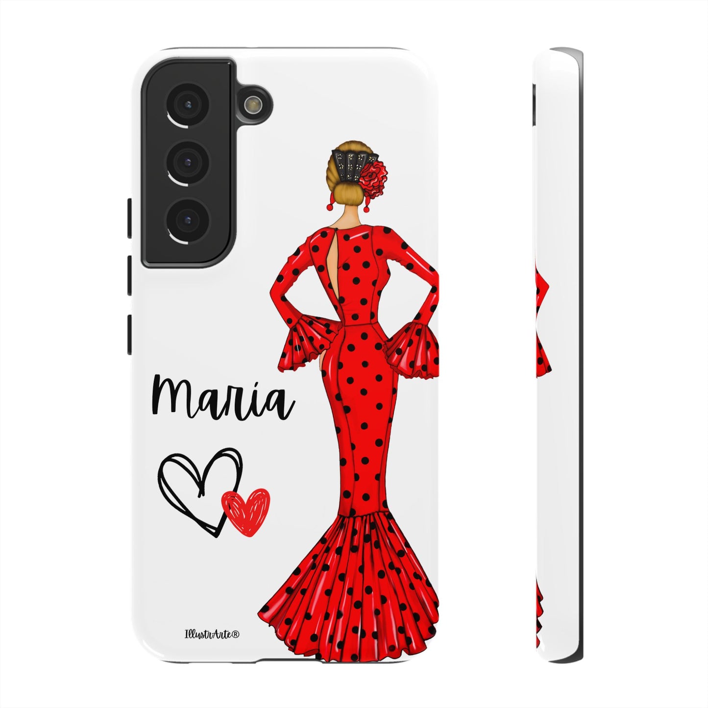 una funda de teléfono con una mujer en un vestido rojo