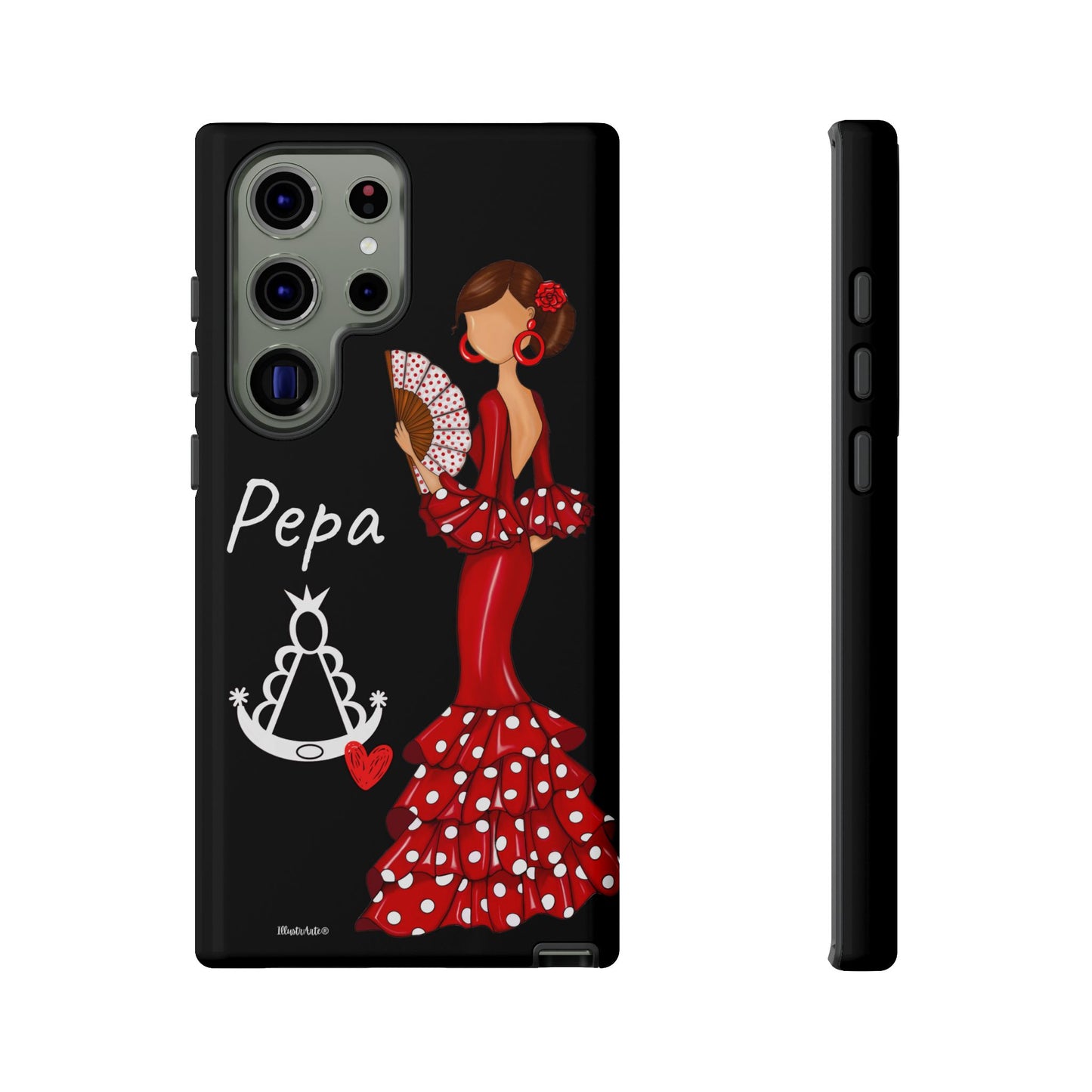 una funda de teléfono con una mujer en un vestido rojo