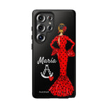 Personalised phone case flamenco dancer María, red dress, with a little Virgin Mary for Samsung Galaxy S25 Ultra, gloss finish – illustrArte