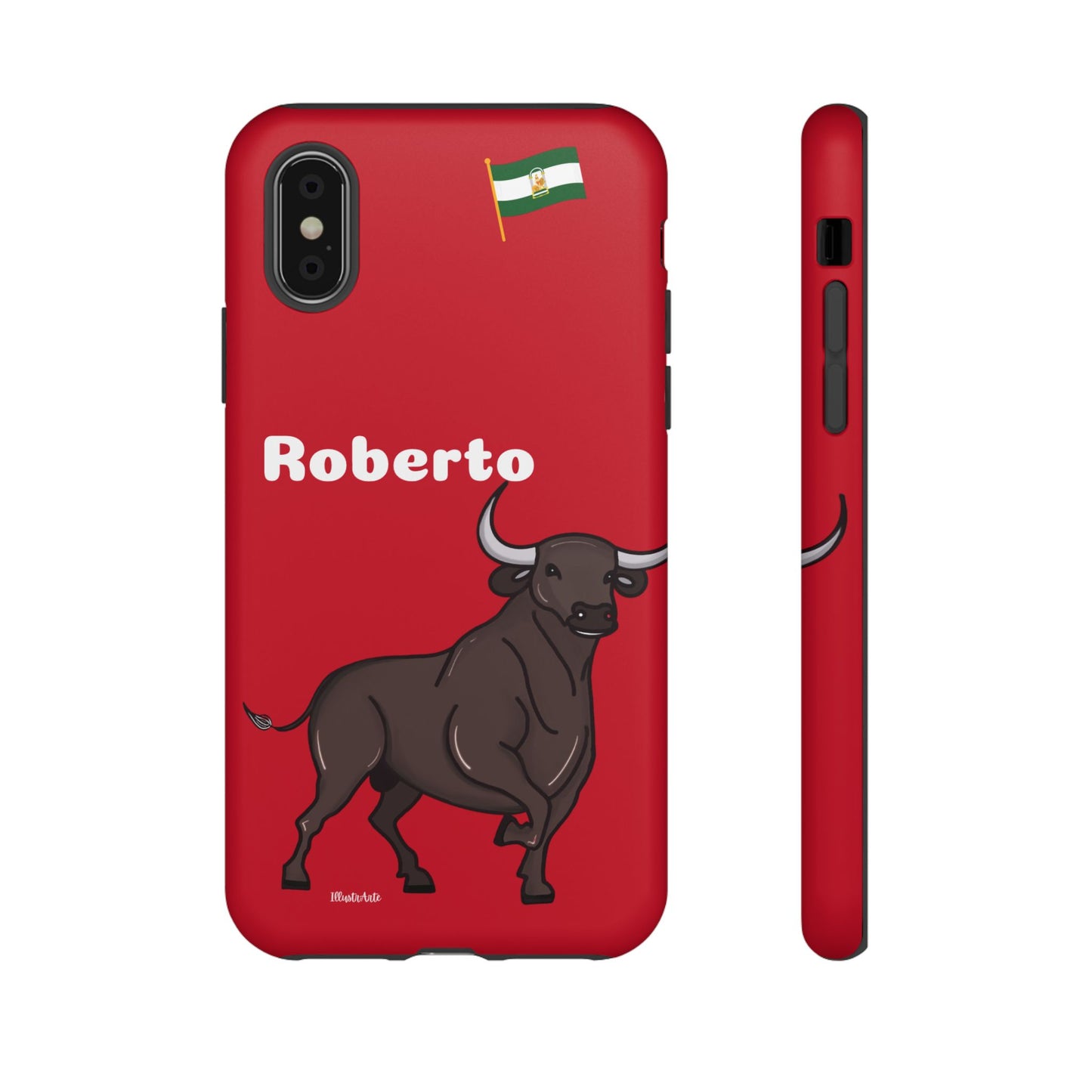 una funda de teléfono roja con un toro en ella