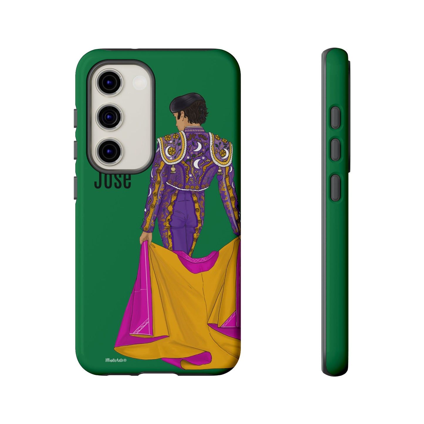 una funda de teléfono verde con una imagen de un hombre en un atuendo púrpura y amarillo