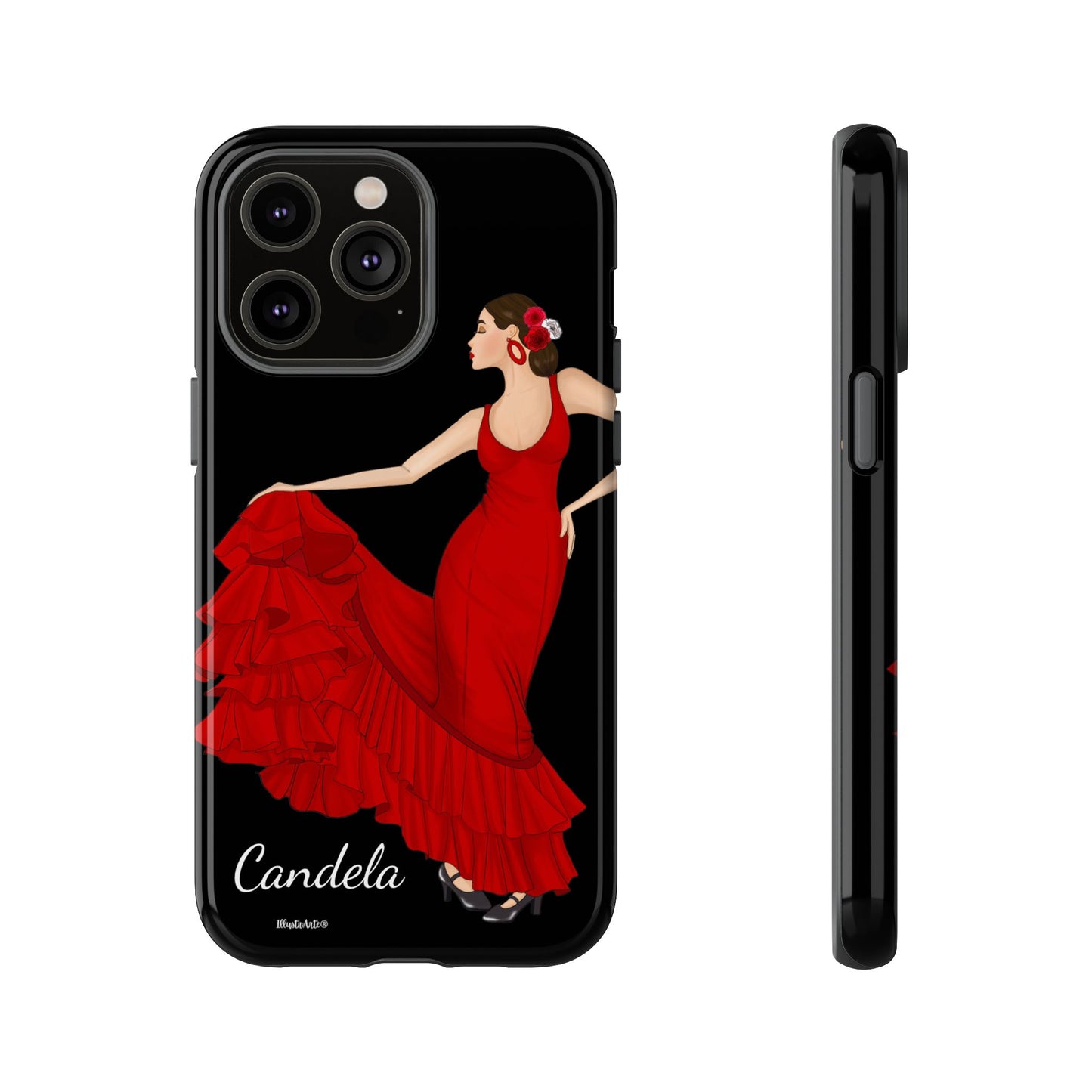 una funda de teléfono con una imagen de una mujer en un vestido rojo