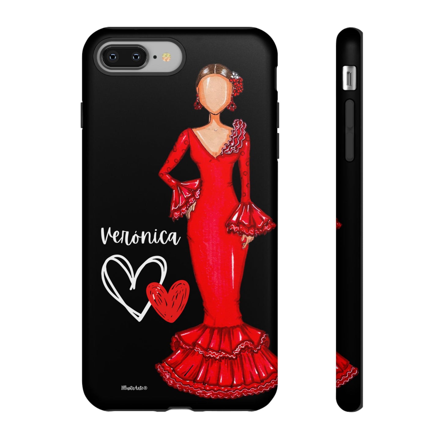 una funda de teléfono con una imagen de una mujer con un vestido rojo