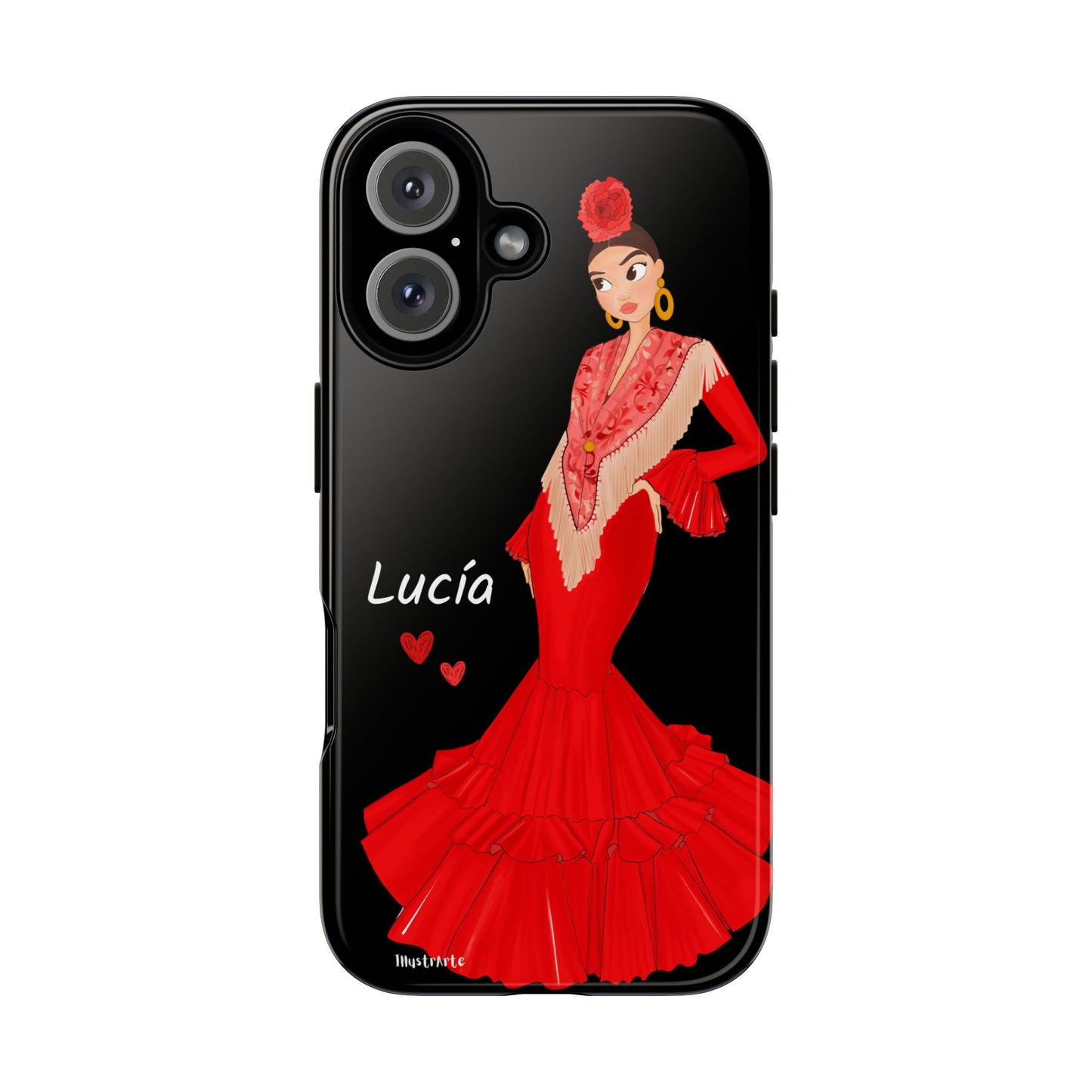 una funda de teléfono con una mujer en un vestido rojo