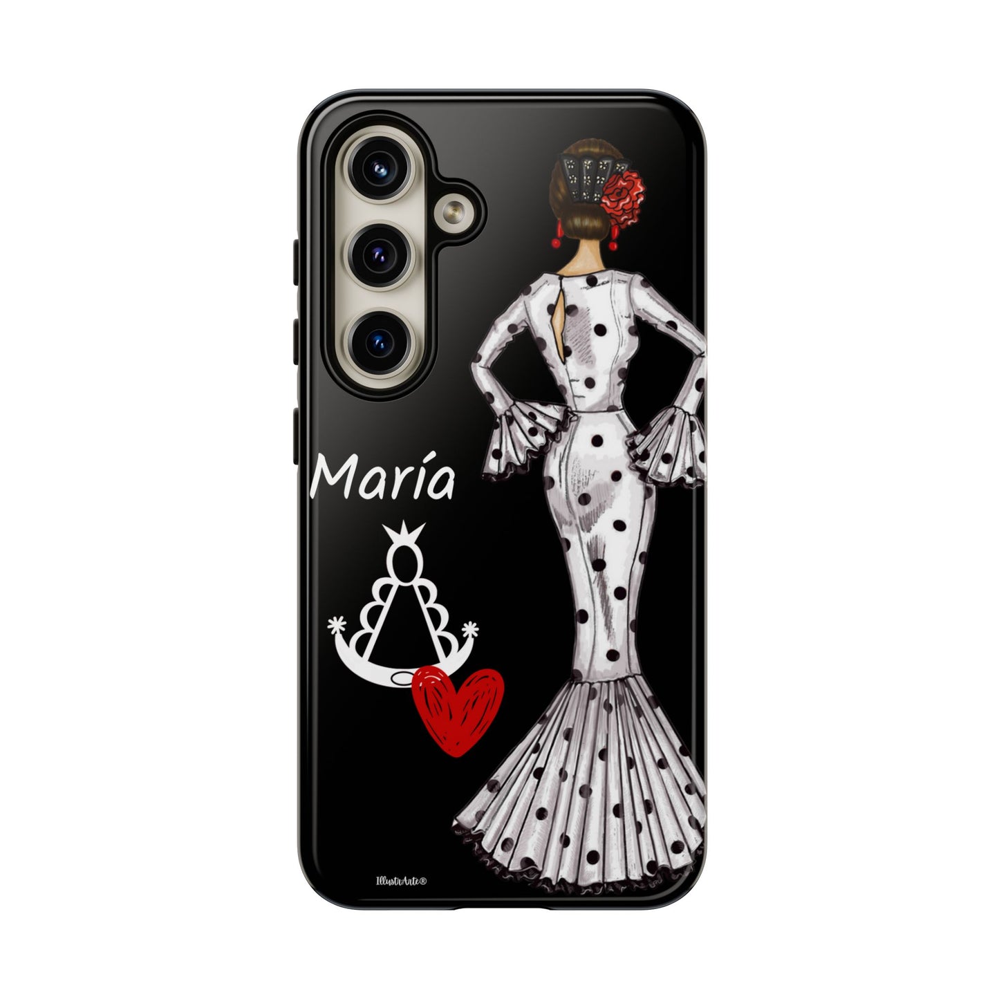 una funda de teléfono en blanco y negro con una mujer en un vestido de lunares