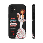 Personalised phone case flamenco dancer Pepa, white dress, with quote for iPhone 12 Mini, gloss finish – illustrArte