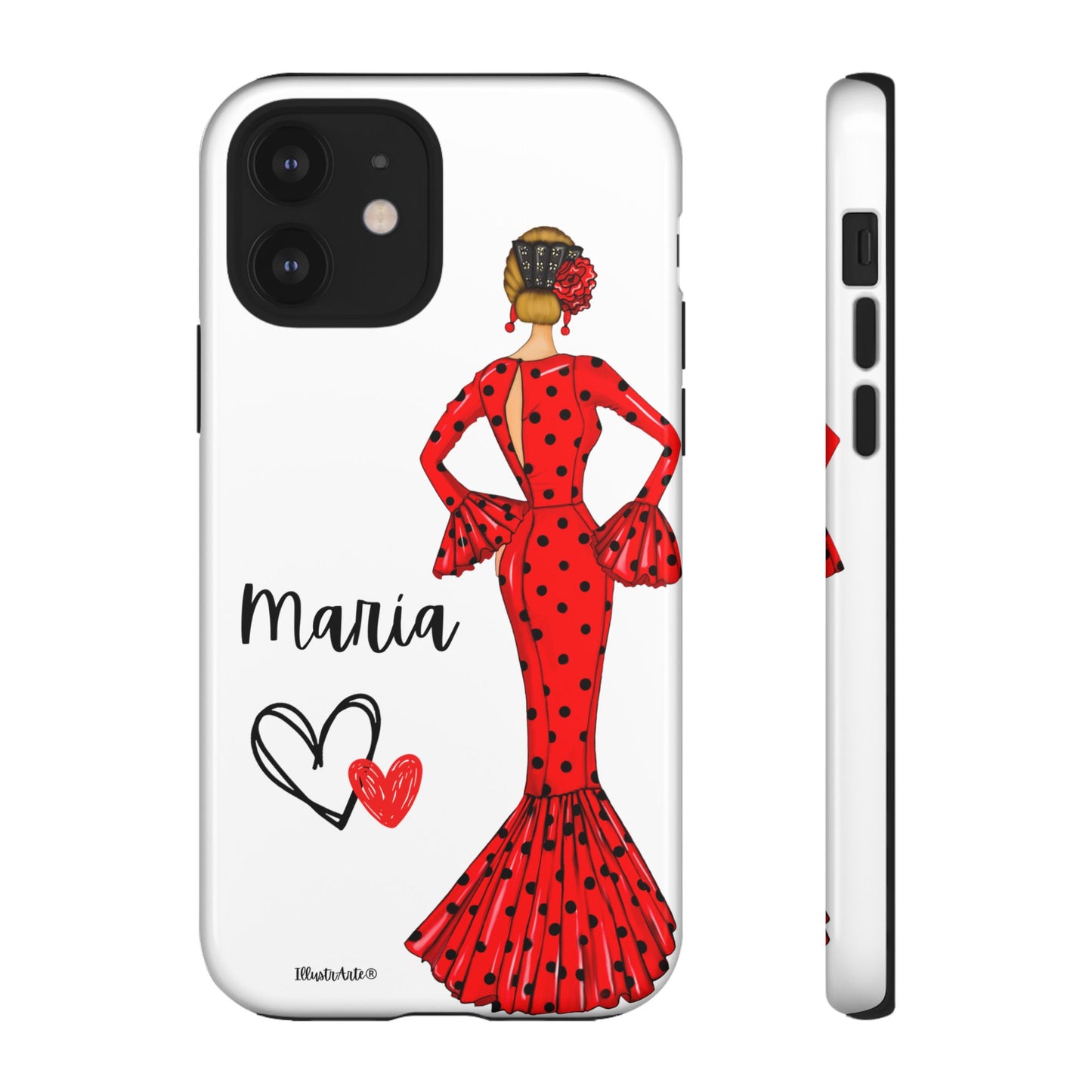 una funda de teléfono con una mujer en un vestido rojo