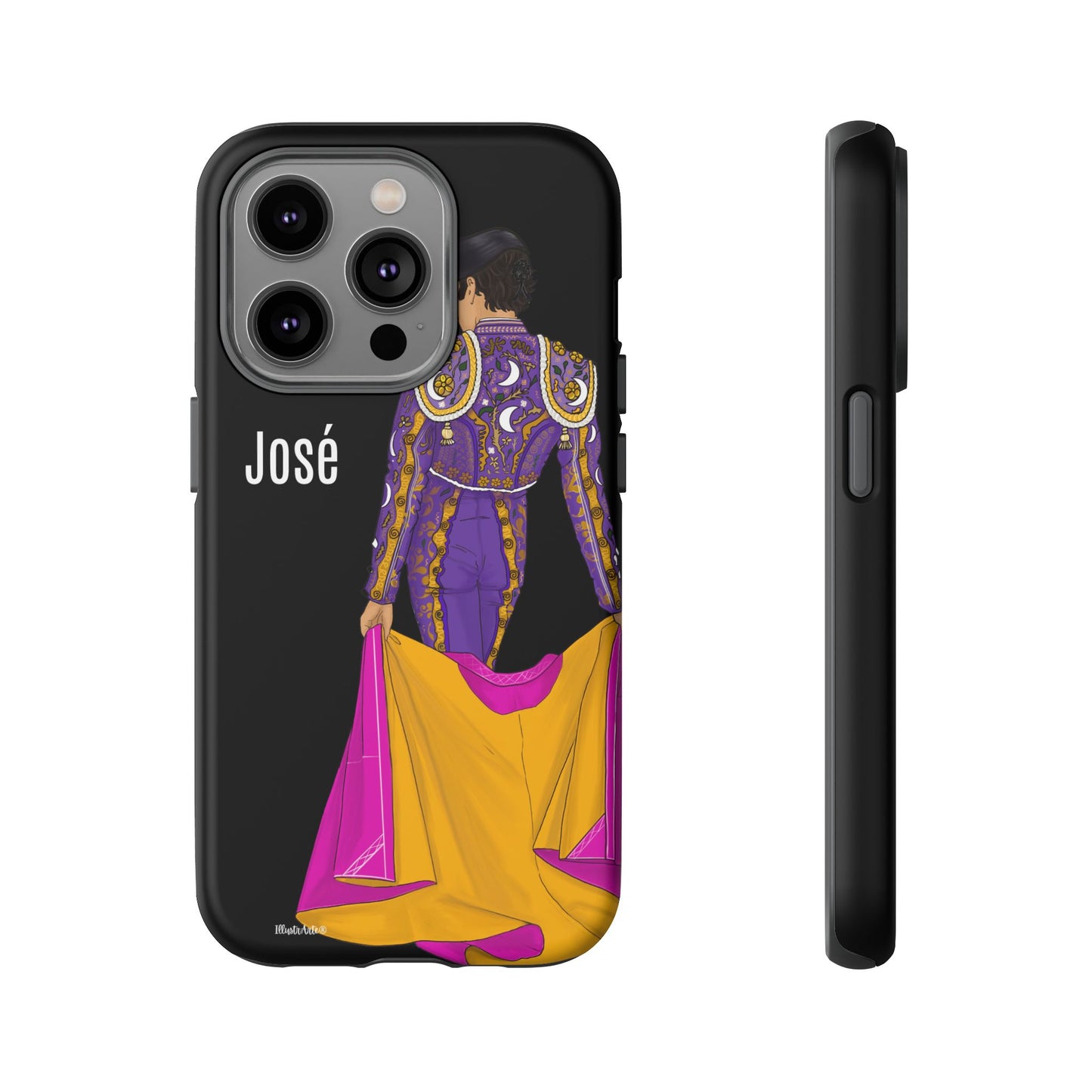 una funda de teléfono con una imagen de una mujer en un vestido morado y amarillo