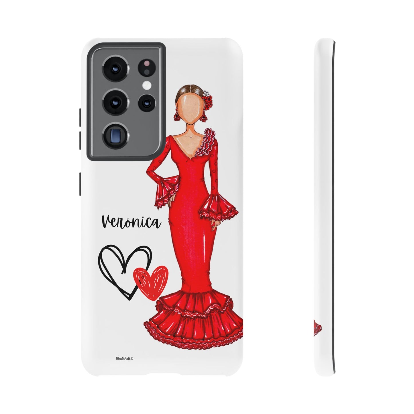 una funda de teléfono con una imagen de una mujer en un vestido rojo