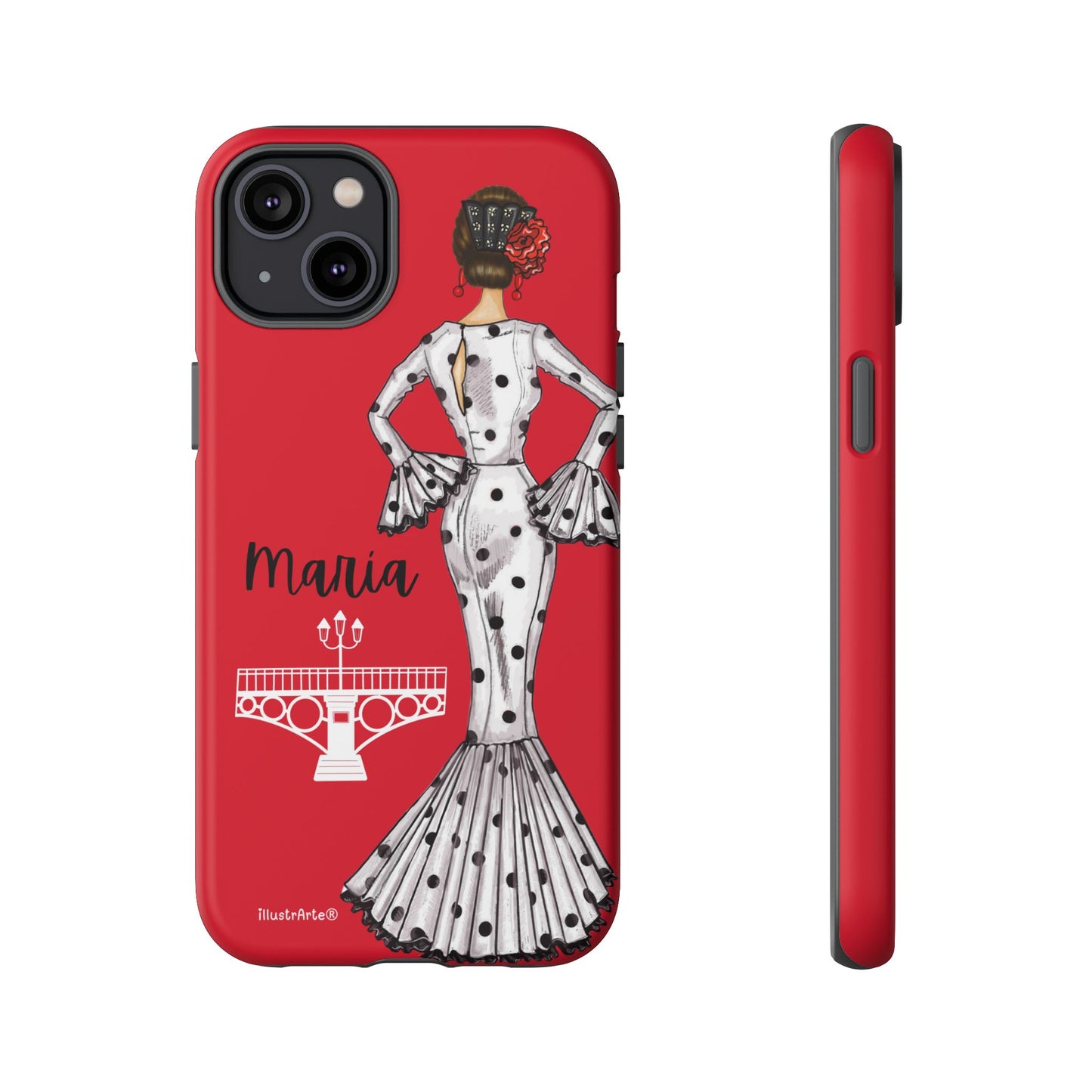 Fondo claro con la funda de teléfono personalizable, con diseño de flamenca María, perfecta para iPhone, Samsung y Google Pixel.