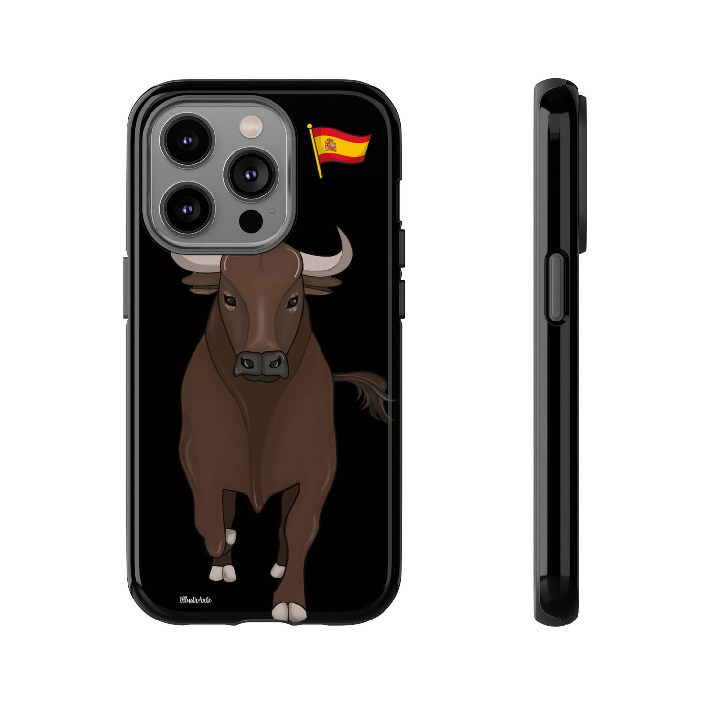 Modelo de funda de teléfono toro Manuel en un entorno urbano contemporáneo.