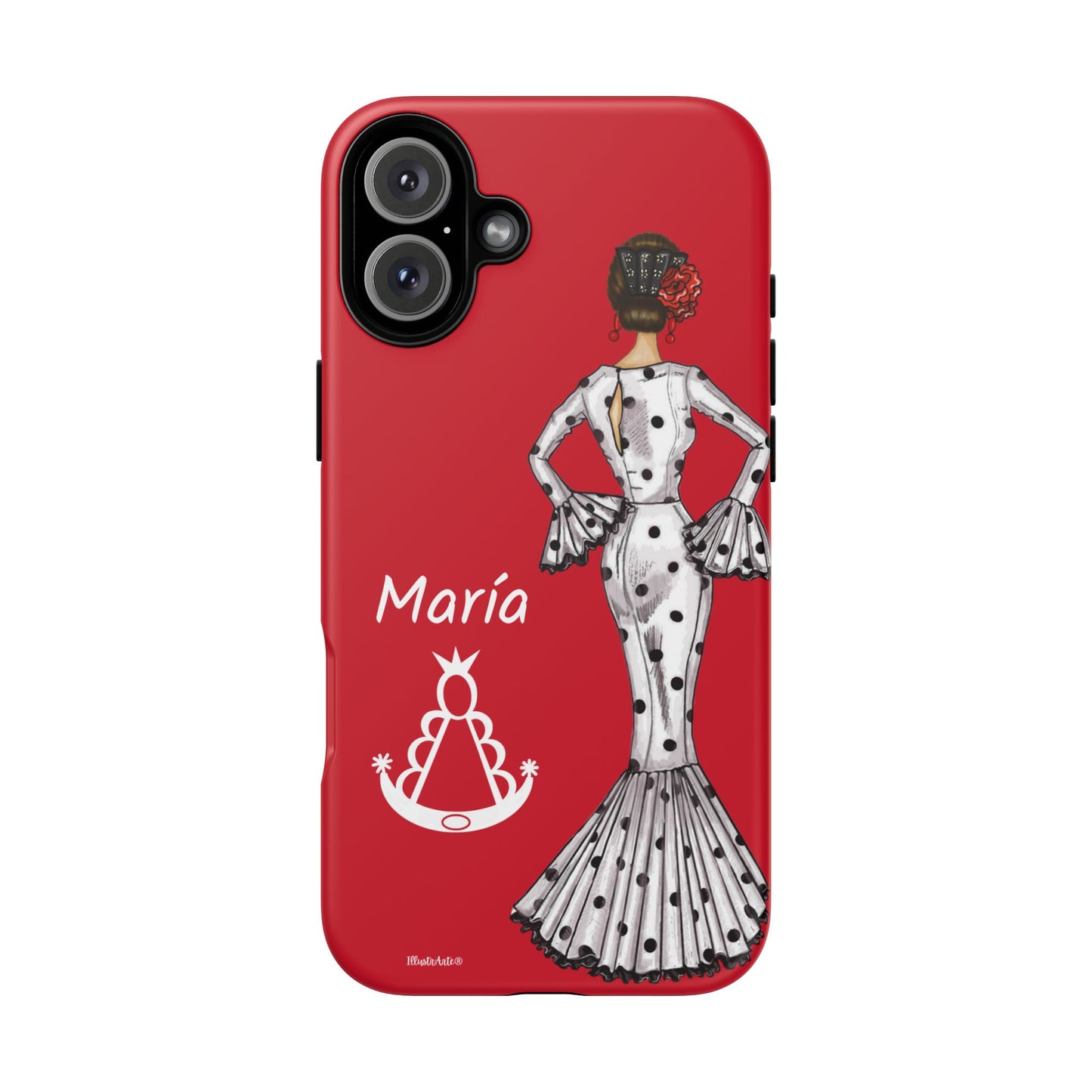 una funda de teléfono roja con una imagen de una mujer en un vestido