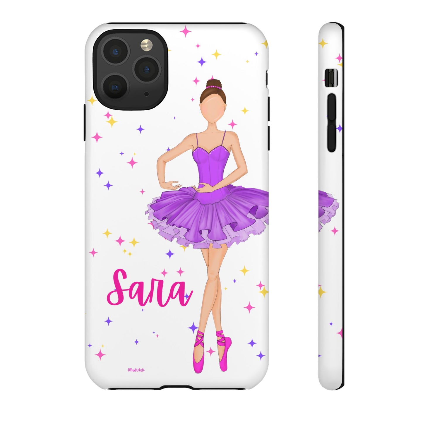 una funda de teléfono con una bailarina en púrpura