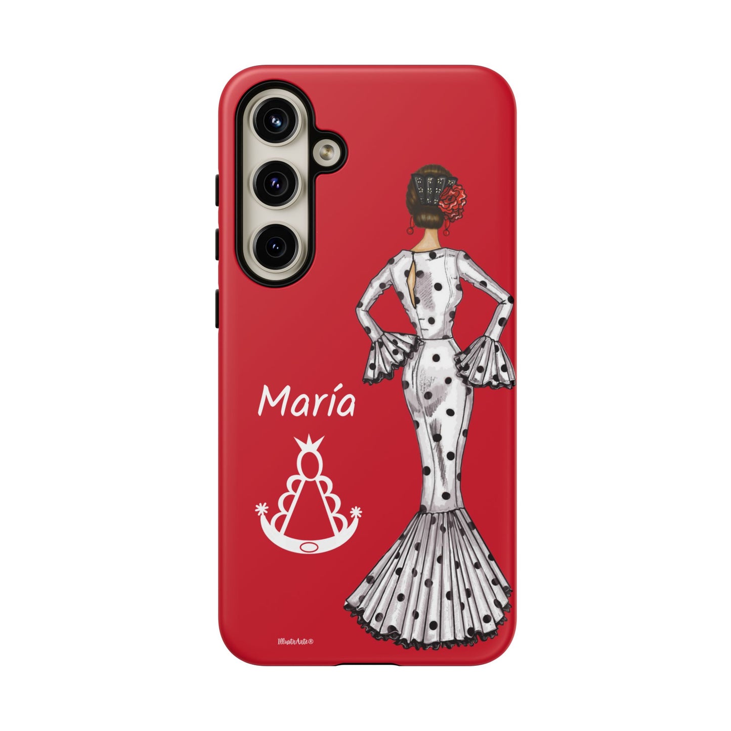 una funda de teléfono roja con una imagen de una mujer en un vestido