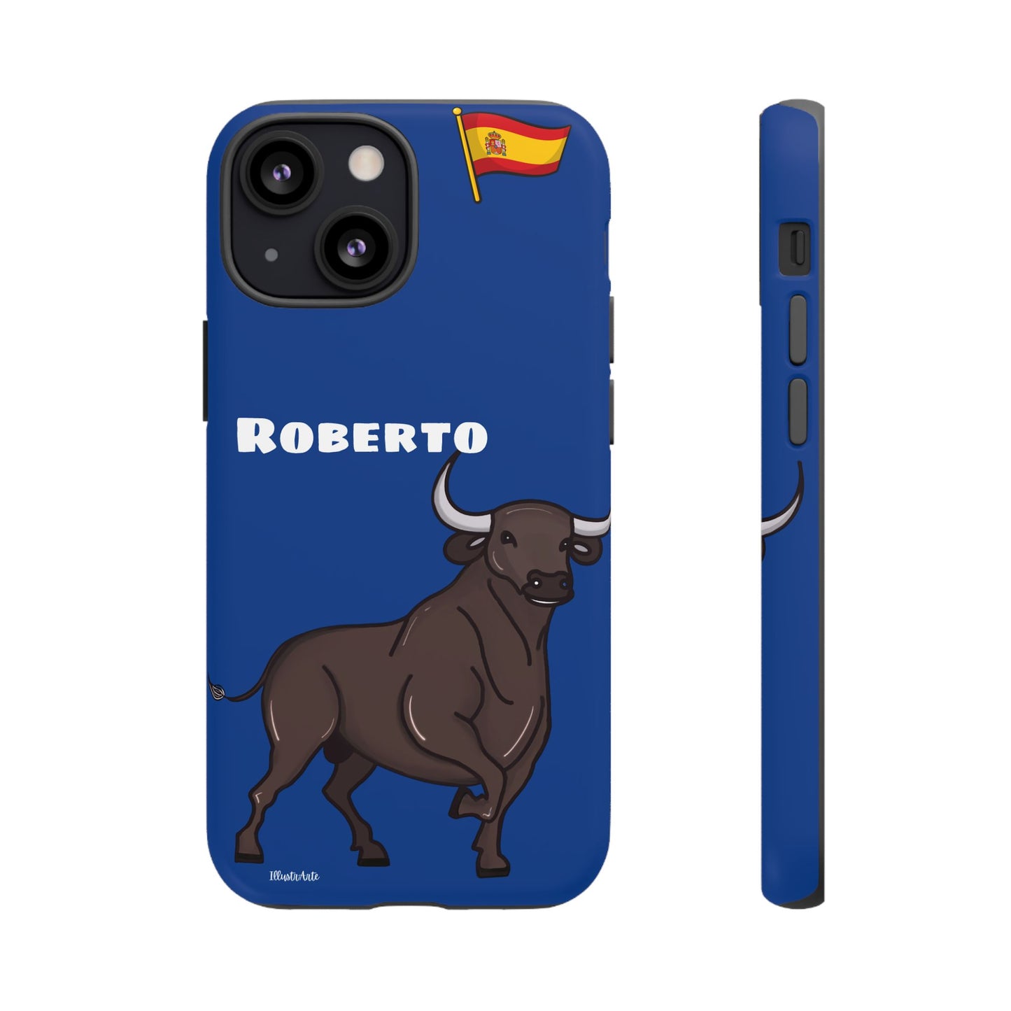 una funda de teléfono azul con un toro en ella