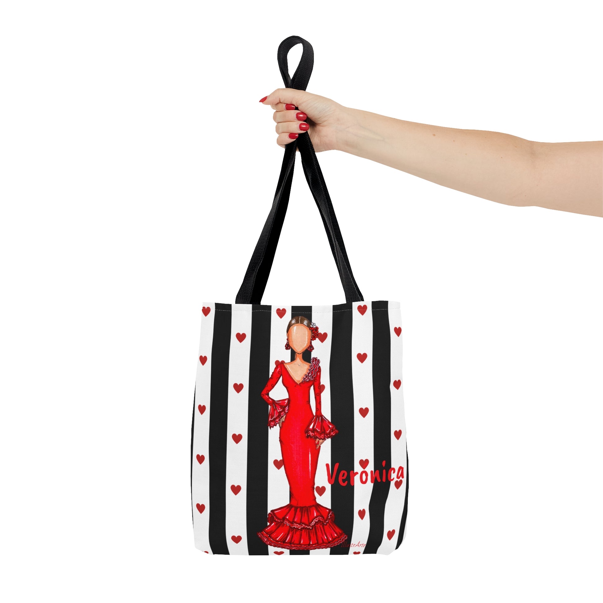 Flamenco lover Tote Bag, fabric tote bag with white black and white stripes background and a flamenco dancer in a red dress. Choose between 3 sizes. - IllustrArte