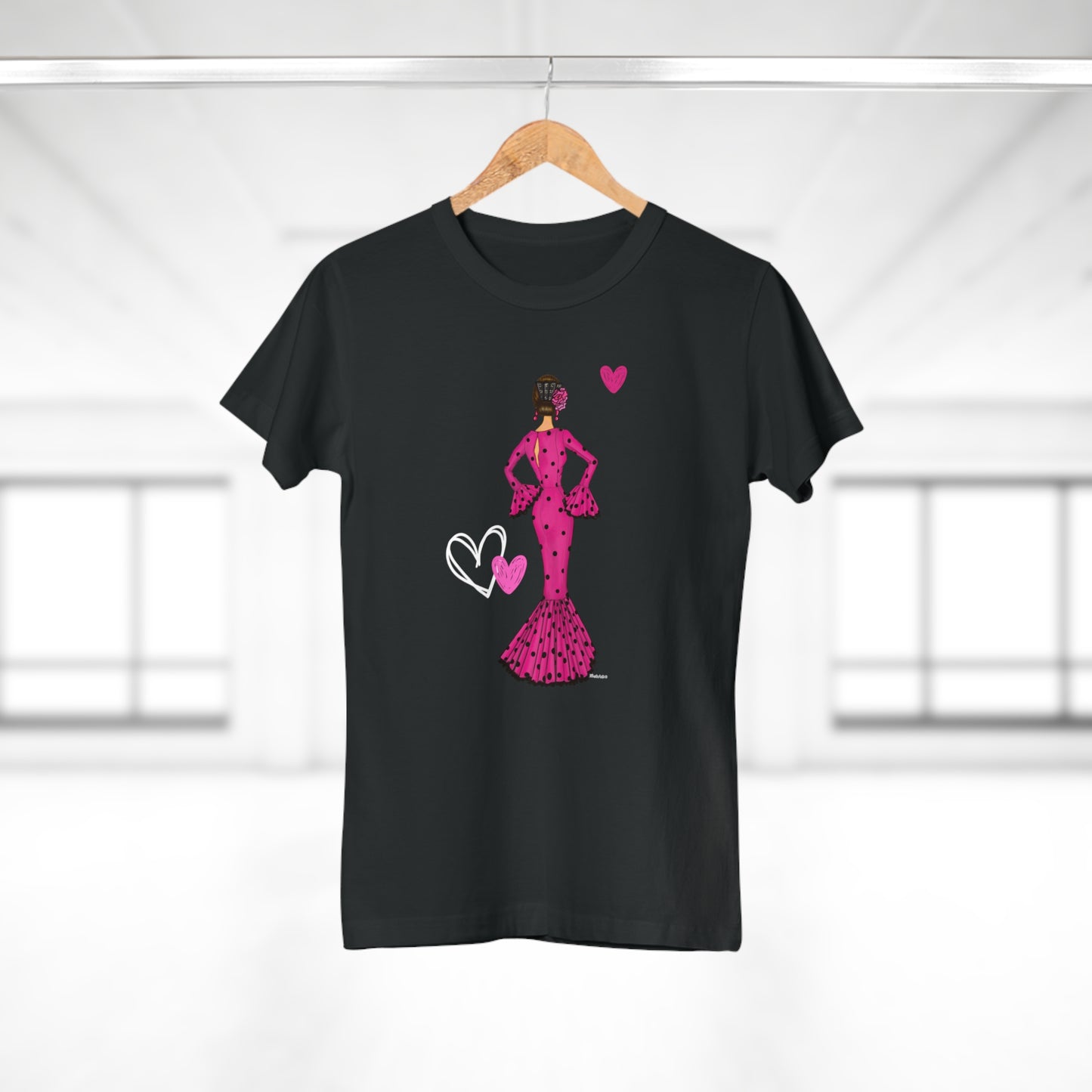 a t - shirt with a woman in a pink dress holding a heart