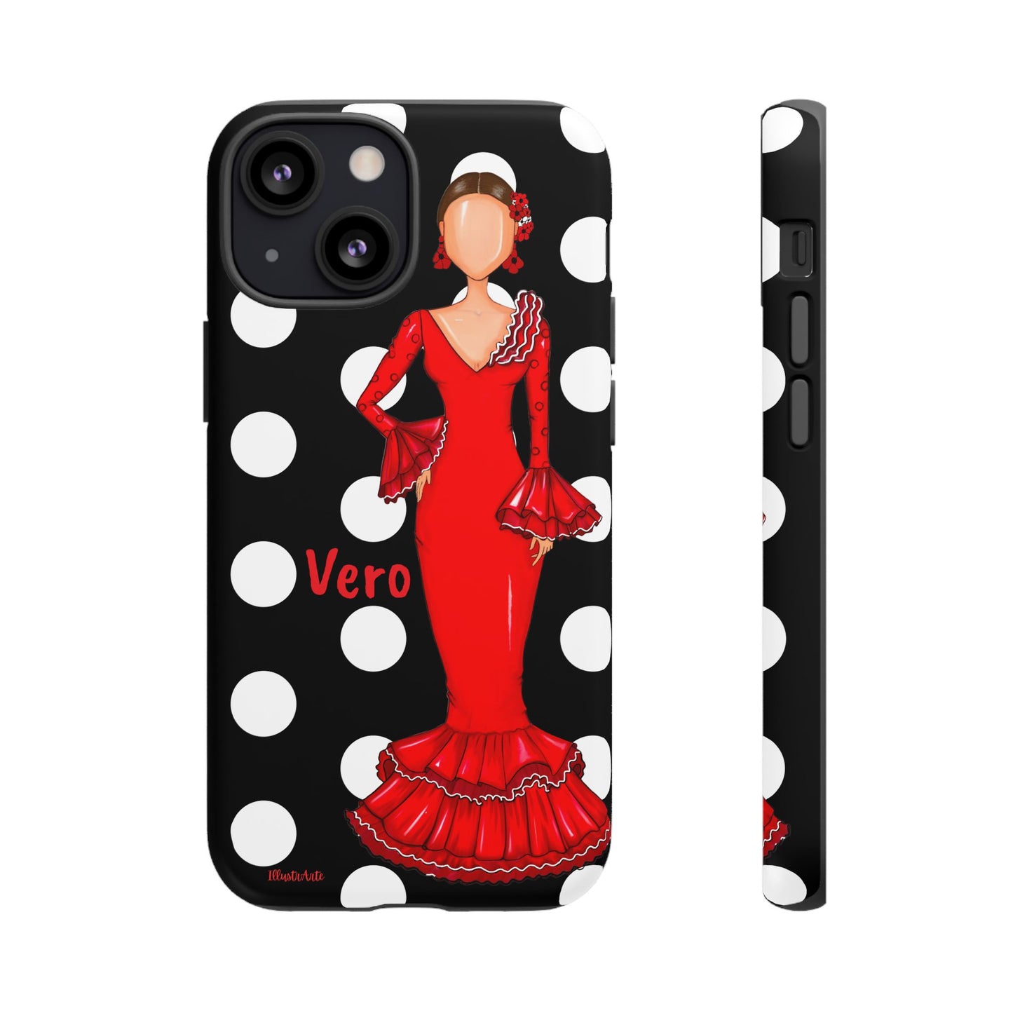 una funda de celular con una mujer en un vestido rojo