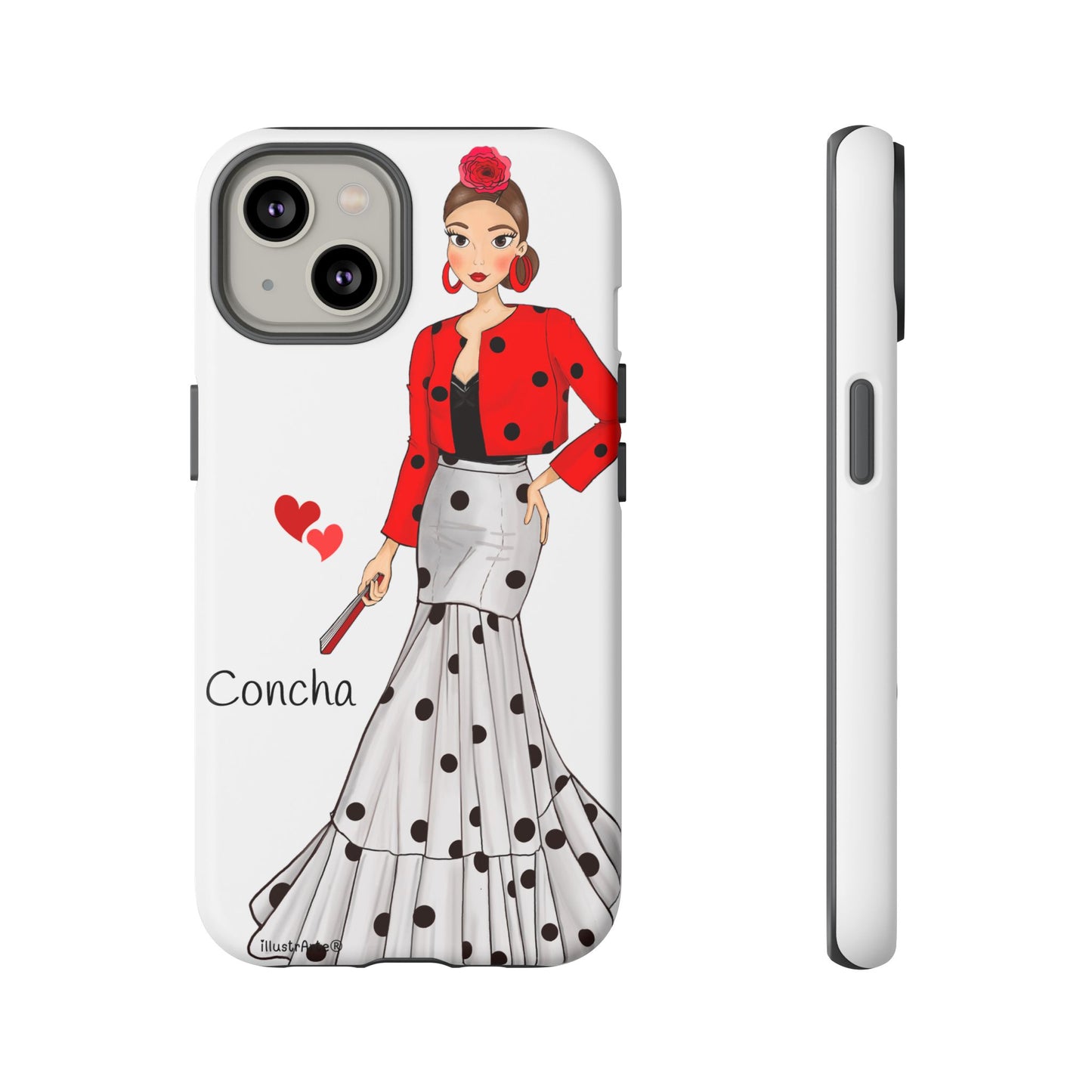 Diseño atractivo de la funda de teléfono personalizable modelo Conchita con nombre y detalles únicos en fondo blanco.