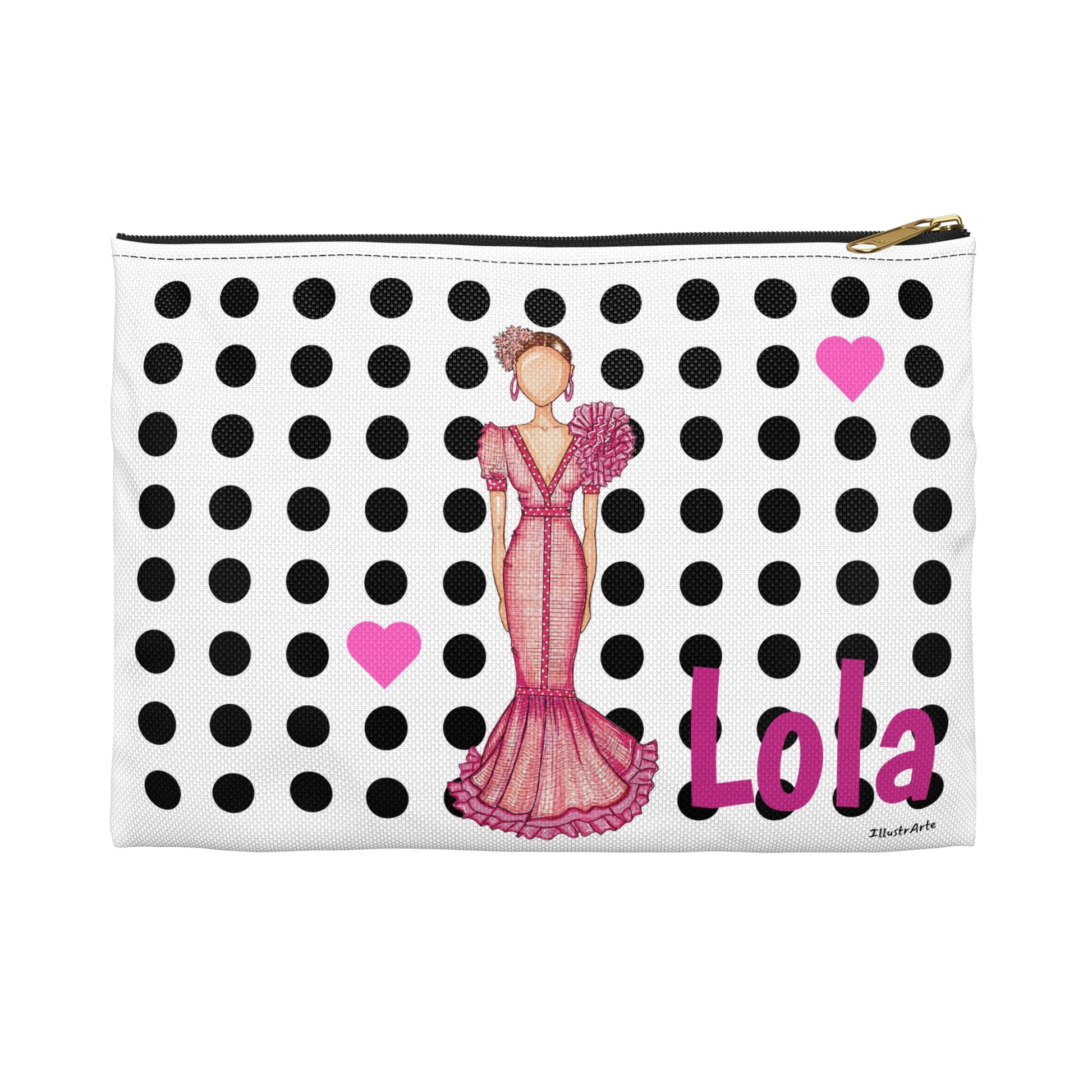 Flamenco Dancer Customizable Washbag, pink dress and pink hearts on a black polka dot design. - IllustrArte