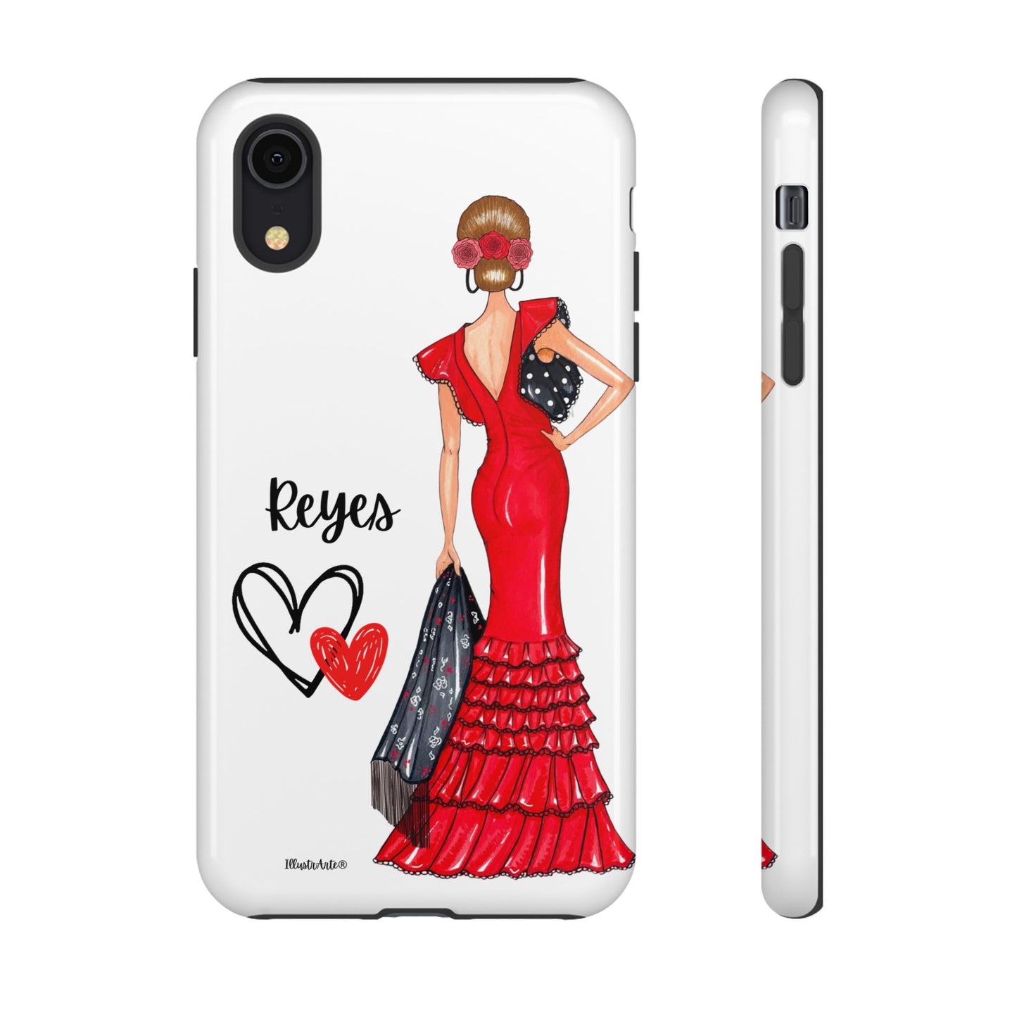 una funda de teléfono con una mujer en un vestido rojo