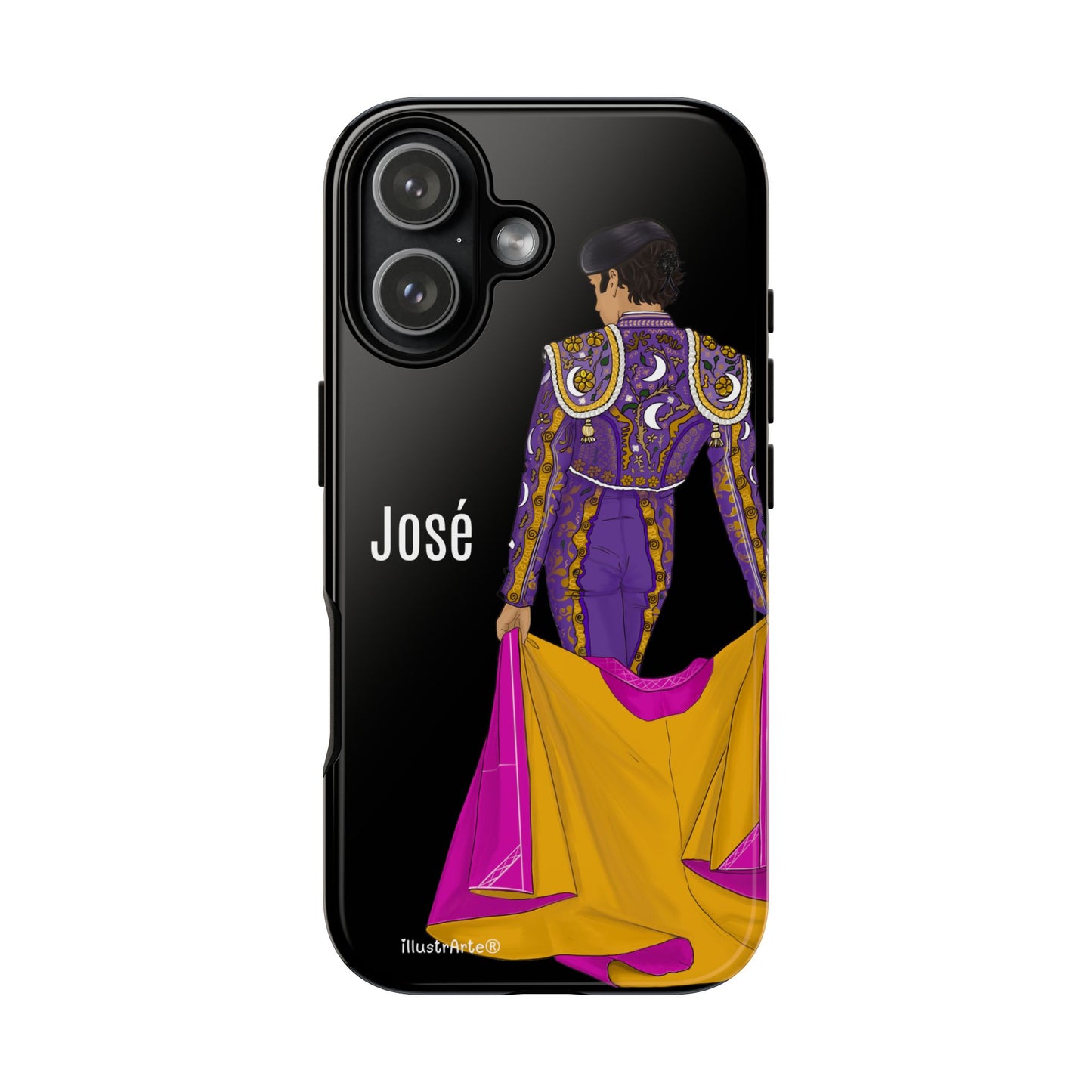 Personalized phone case featuring bullfighter José on a green background – for iPhone, Samsung, Pixel