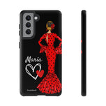 Personalised phone case flamenco dancer María, red dress, black background for Samsung Galaxy S21, gloss finish – illustrArte