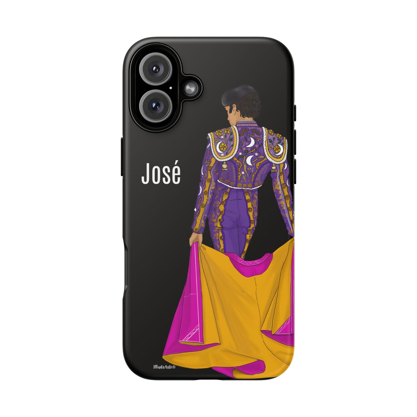 una funda de teléfono con una imagen de un hombre en un traje morado y amarillo