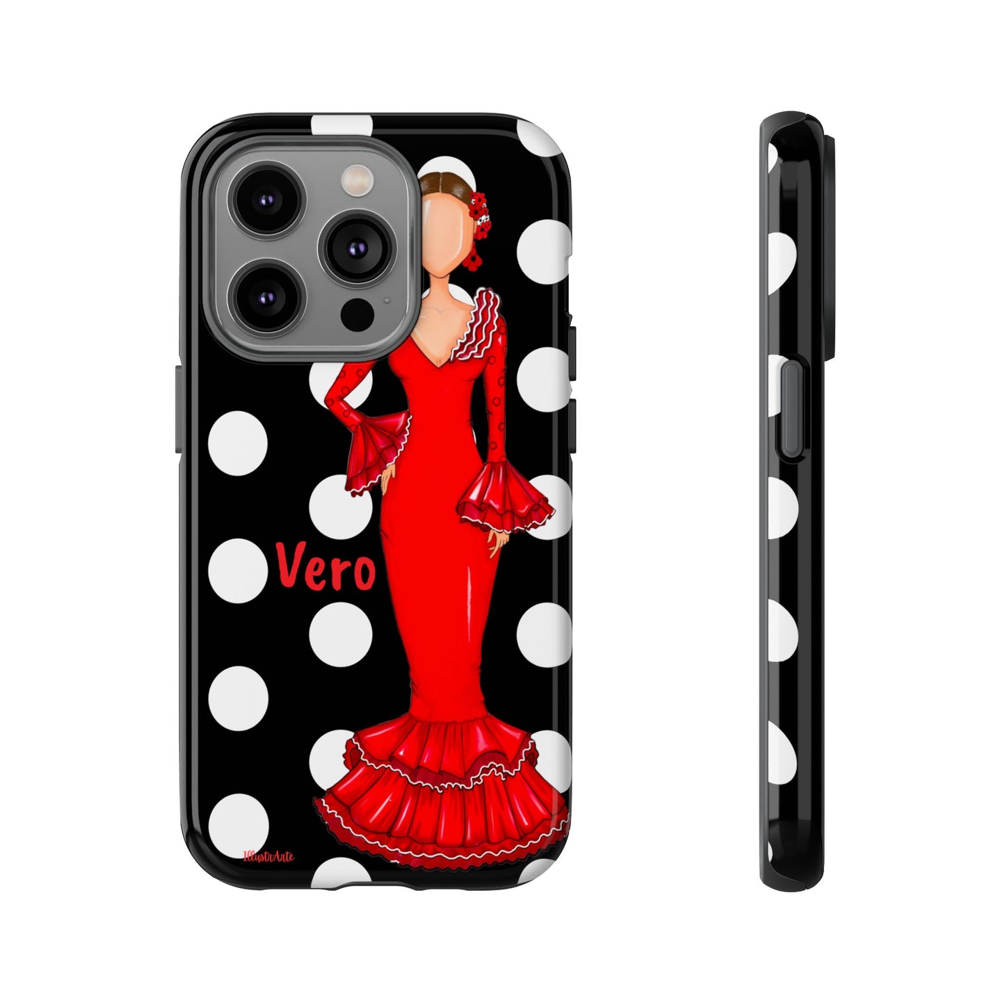 una funda de celular con una mujer en un vestido rojo