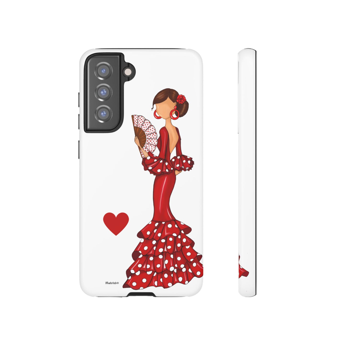 una funda de teléfono con una mujer en un vestido rojo sosteniendo un abanico