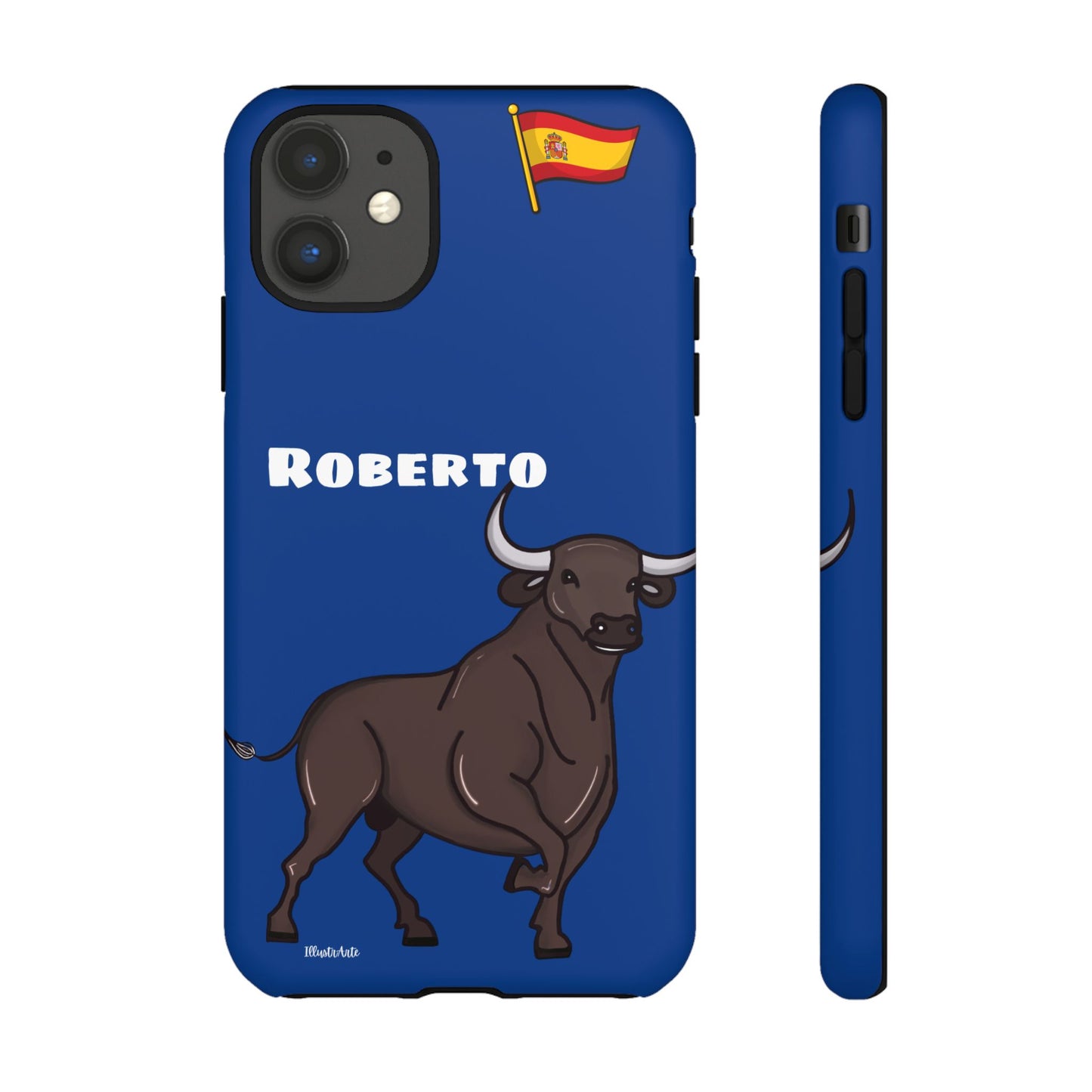 una funda de teléfono azul con un toro en ella