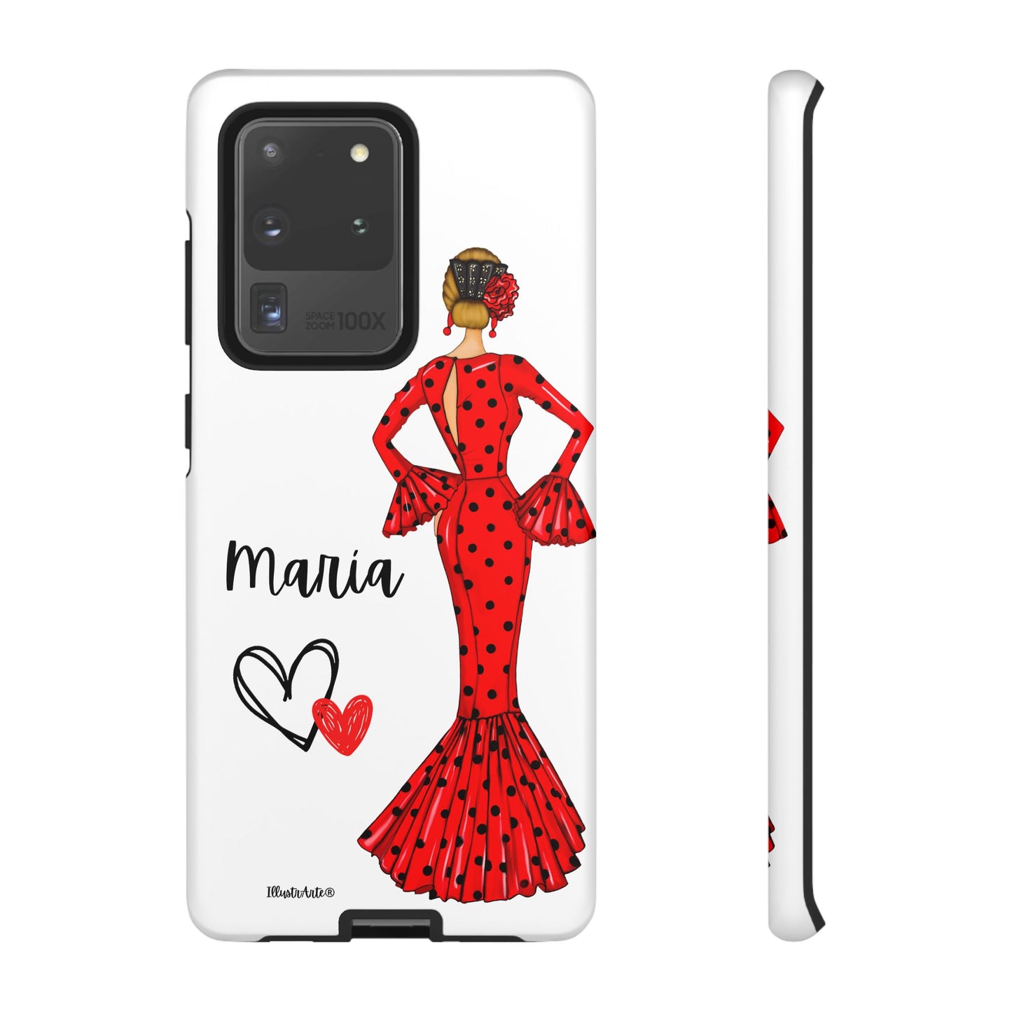 una funda de teléfono con una mujer en un vestido rojo