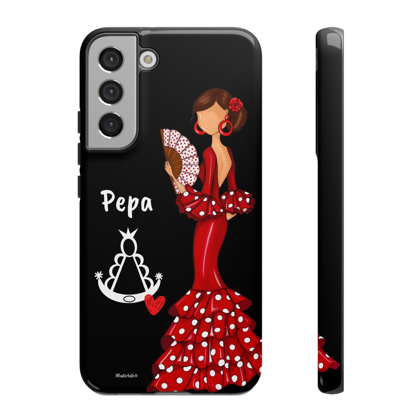 Personalized Pepa phone case on a black background with the Virgin Mary – for iPhone, Samsung, Pixel