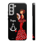Personalised phone case flamenco dancer Pepa, with a little Virgin Mary for Samsung Galaxy S22 Plus, gloss finish – illustrArte