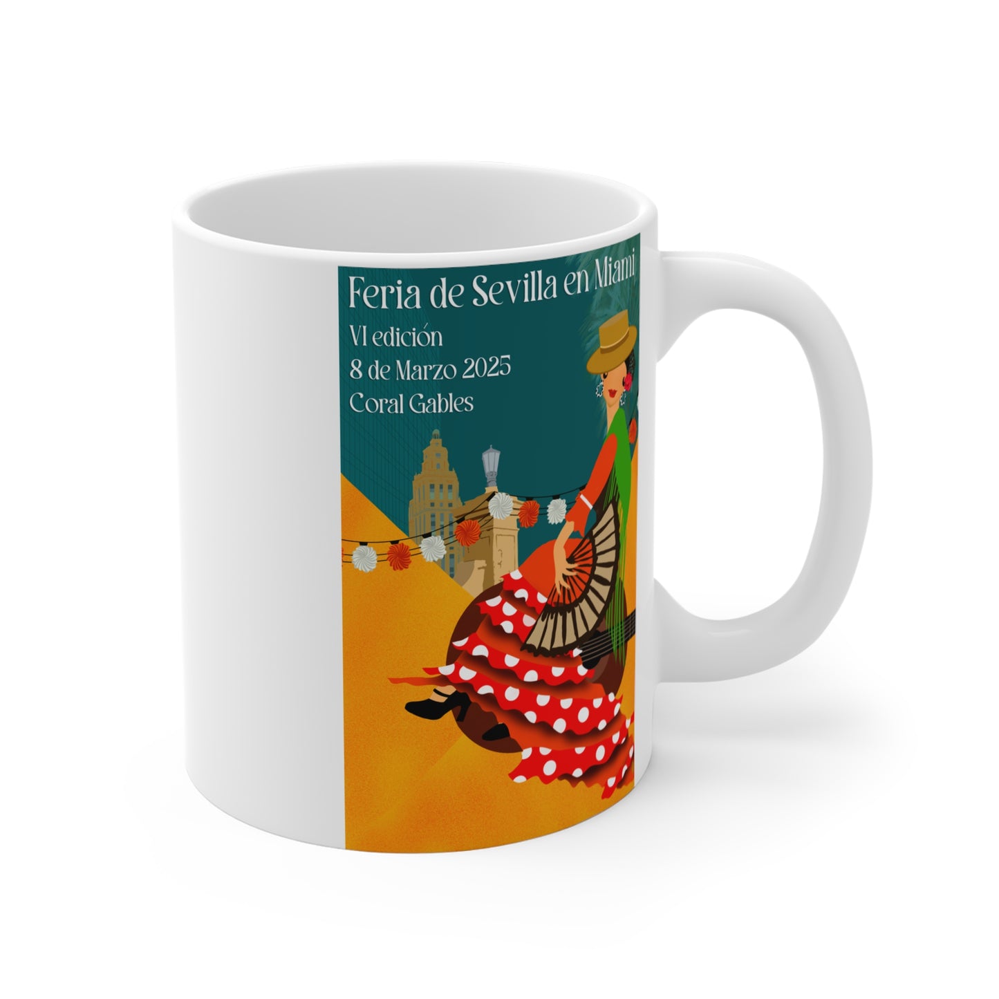 una taza de café con una imagen de una mujer bailando