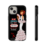 Personalised phone case flamenco dancer Pepa, white dress, with quote for iPhone 14, gloss finish – illustrArte
