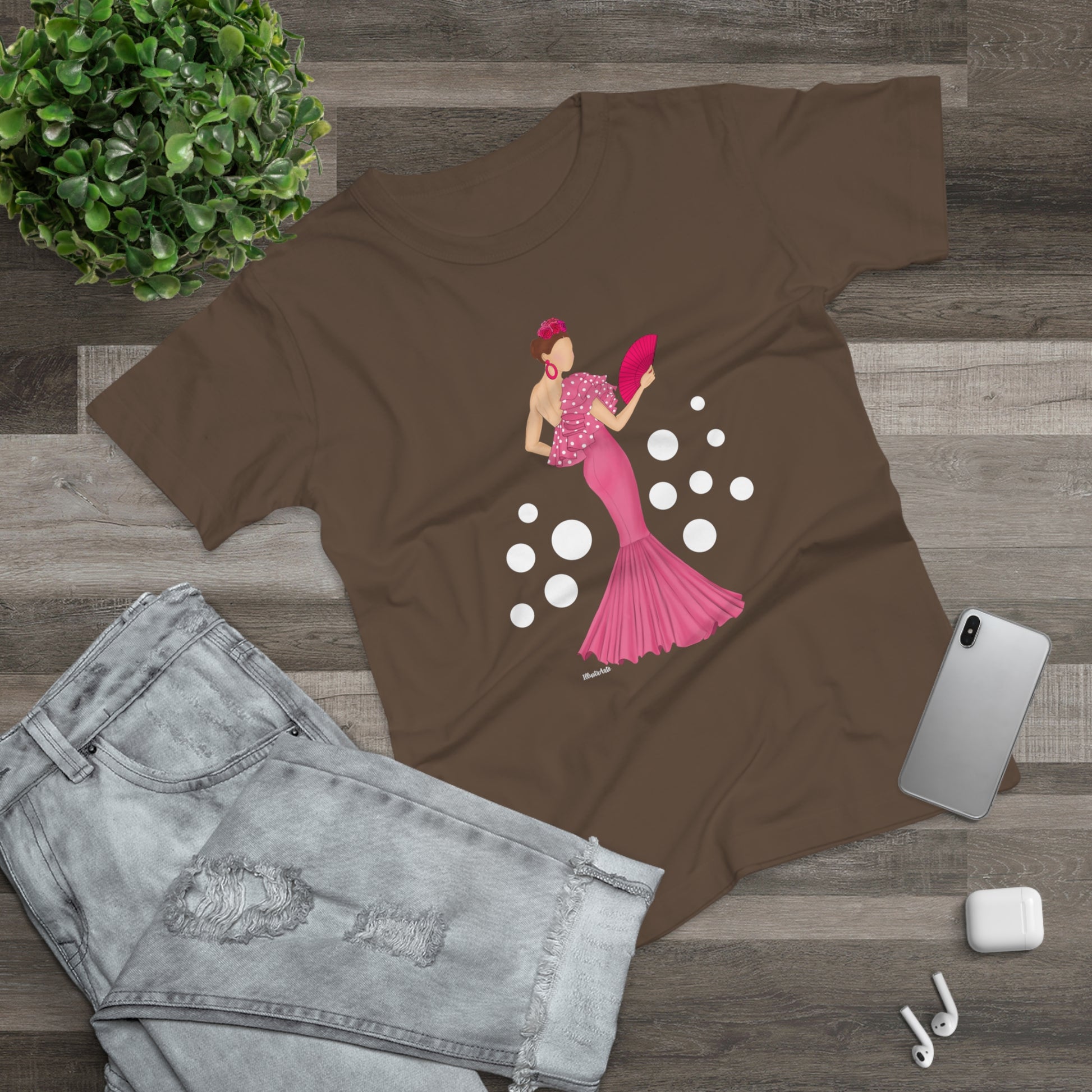 a t - shirt with a woman in a pink dress