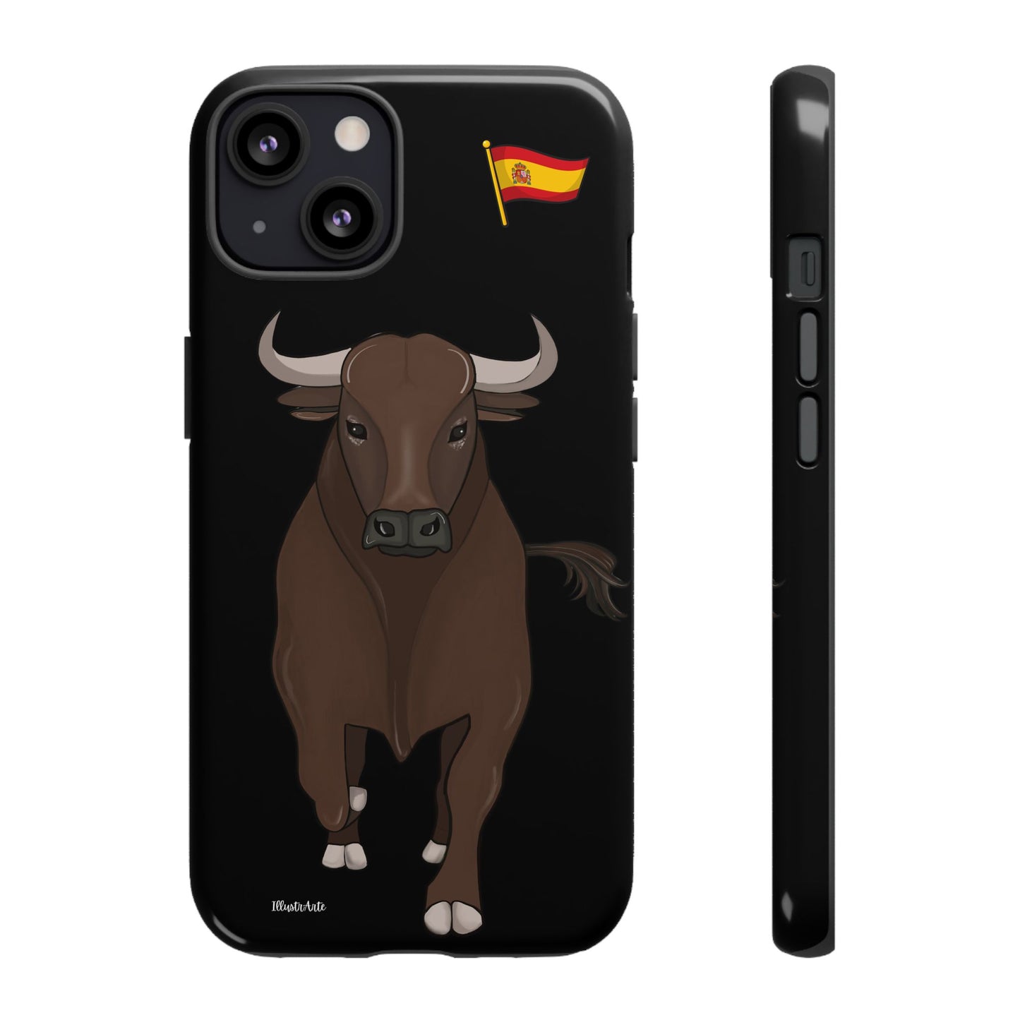 Funda personalizable con nombre mostrando el diseño colorido del modelo toro Manuel.
