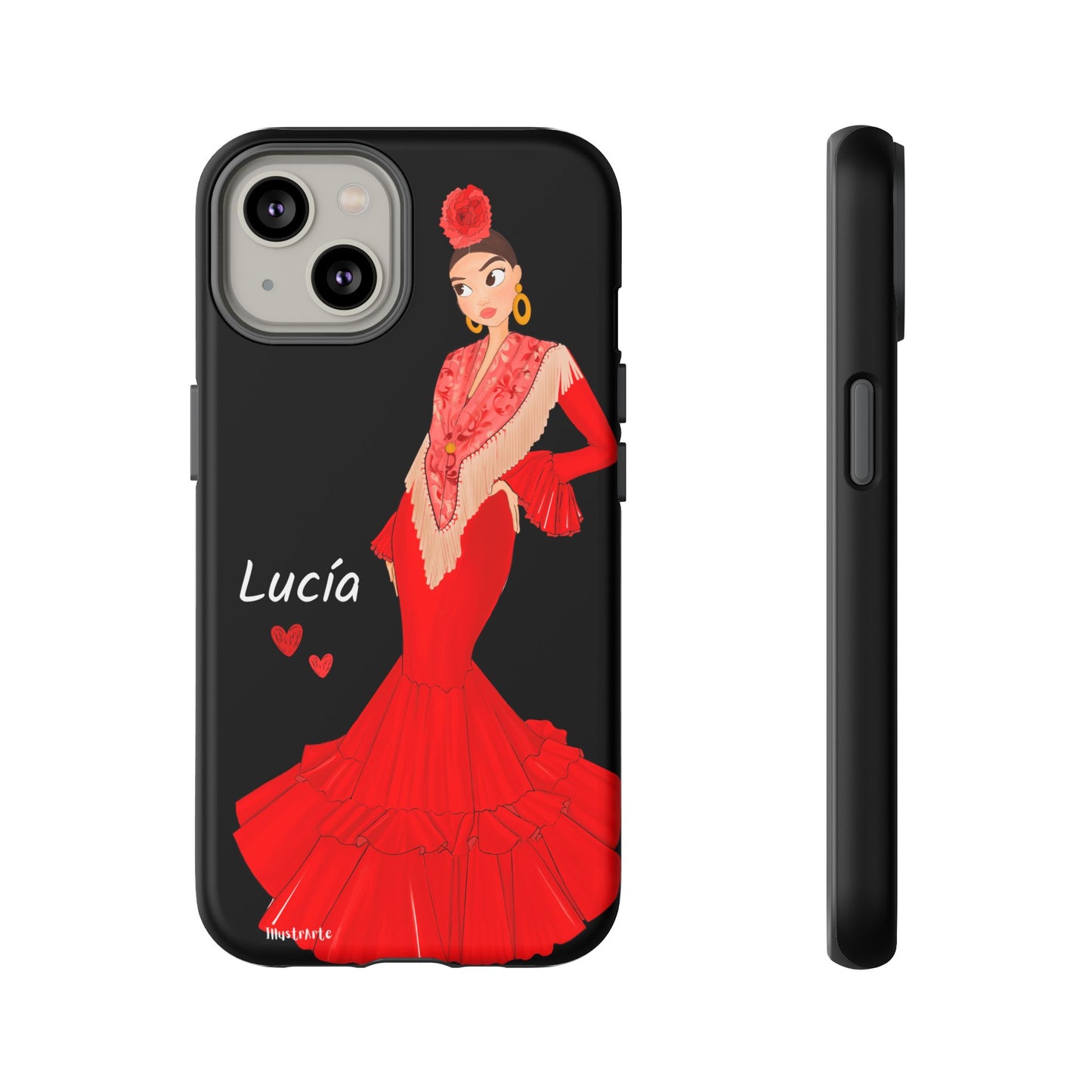 una funda de teléfono con una imagen de una mujer en un vestido rojo