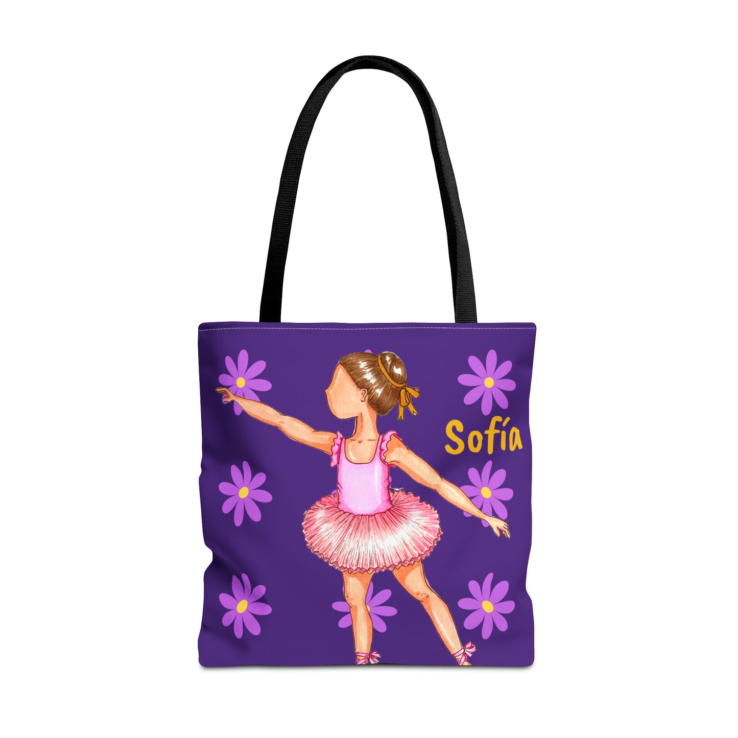 a purple tote bag with a picture of a girl in a tutu skirt