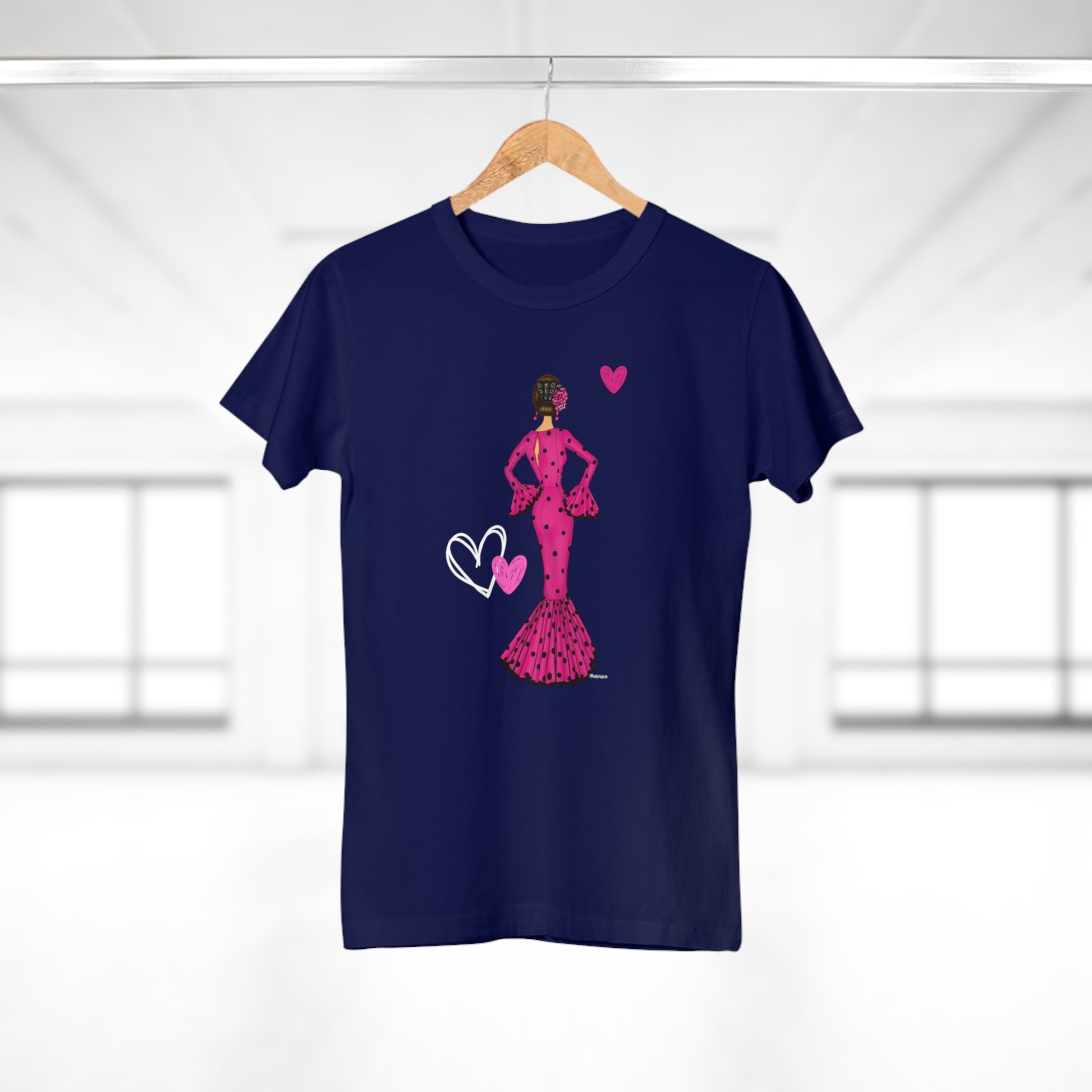 a t - shirt with a woman in a pink dress holding a heart