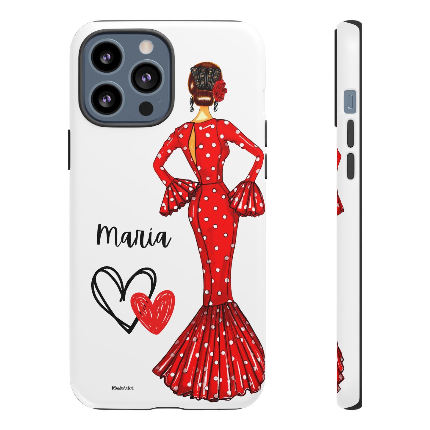 una funda de teléfono con una mujer en un vestido rojo