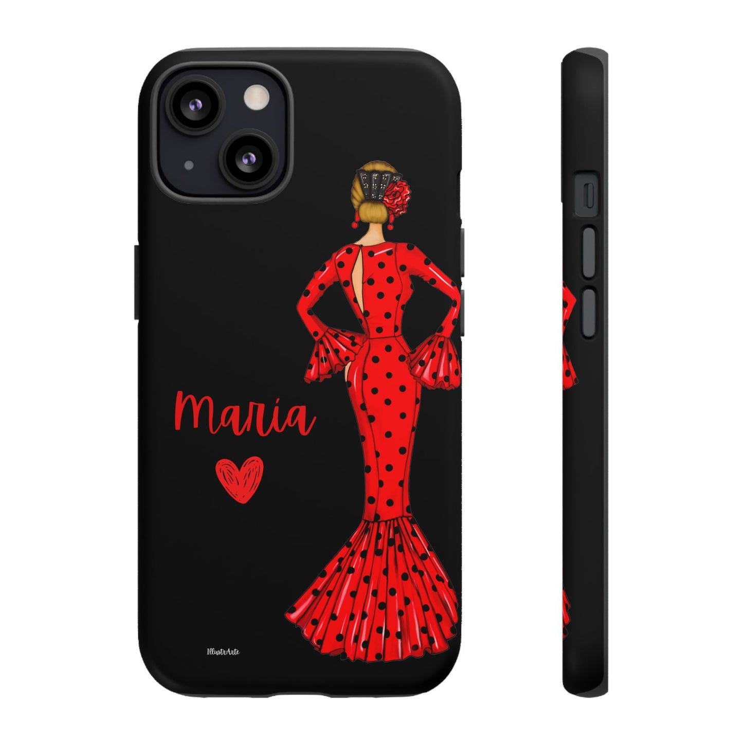 una funda de teléfono con una mujer en un vestido rojo